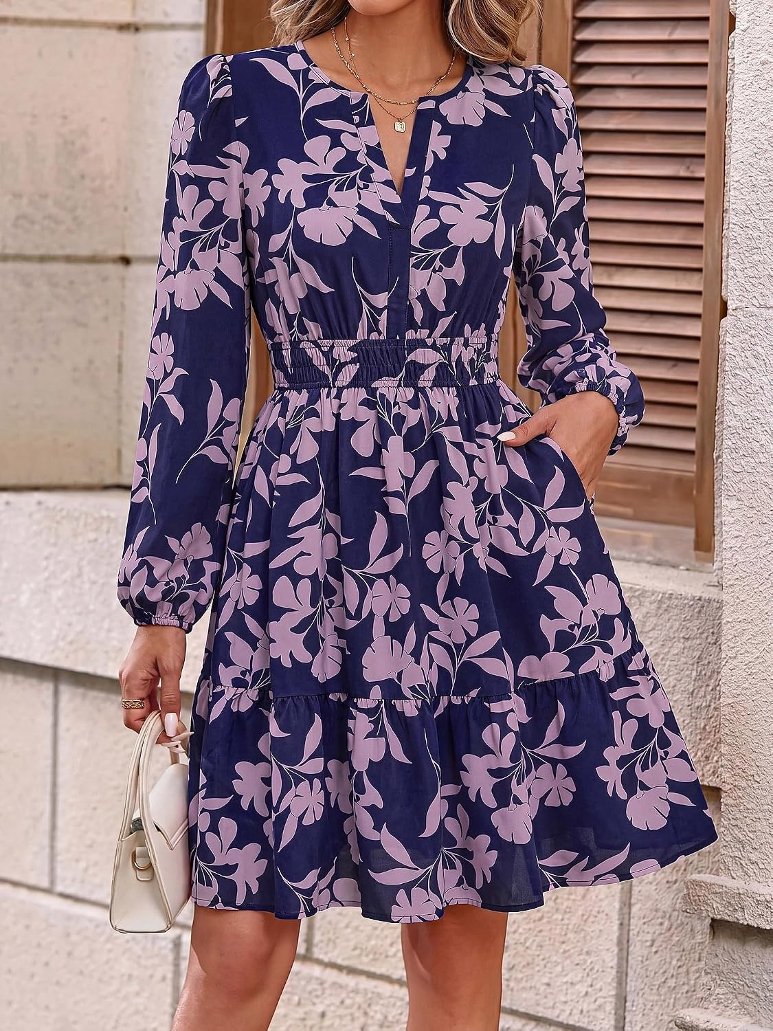 image:imageBTFBM Fall Dresses for Women 2026 Trendy Floral Long Sleeve Mini DressNavy Pink Flower