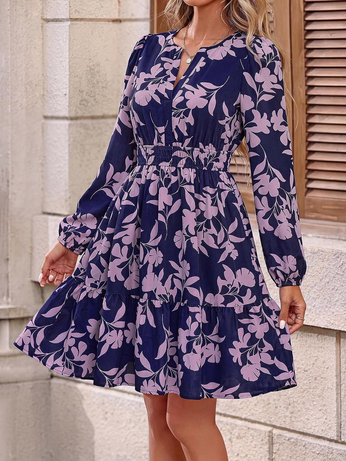 image:imageBTFBM Fall Dresses for Women 2026 Trendy Floral Long Sleeve Mini DressNavy Pink Flower