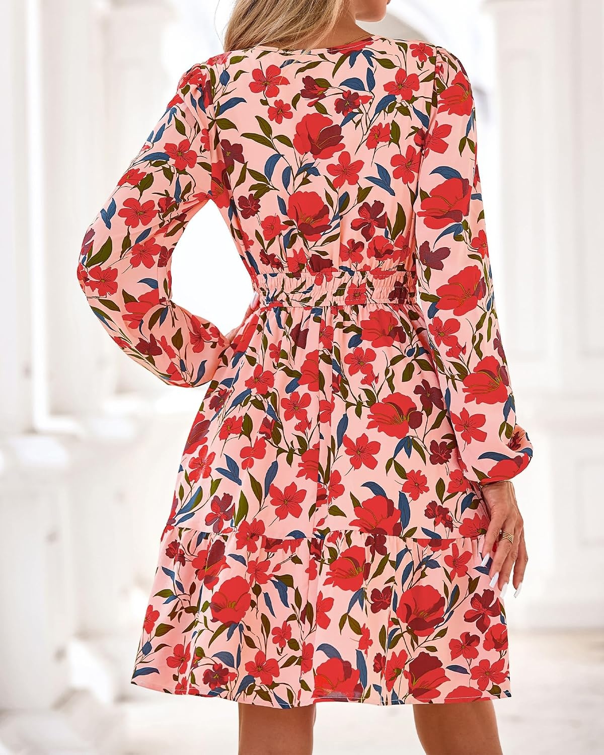 image:imageBTFBM Fall Dresses for Women 2026 Trendy Floral Long Sleeve Mini DressOrange Pink Red Flower