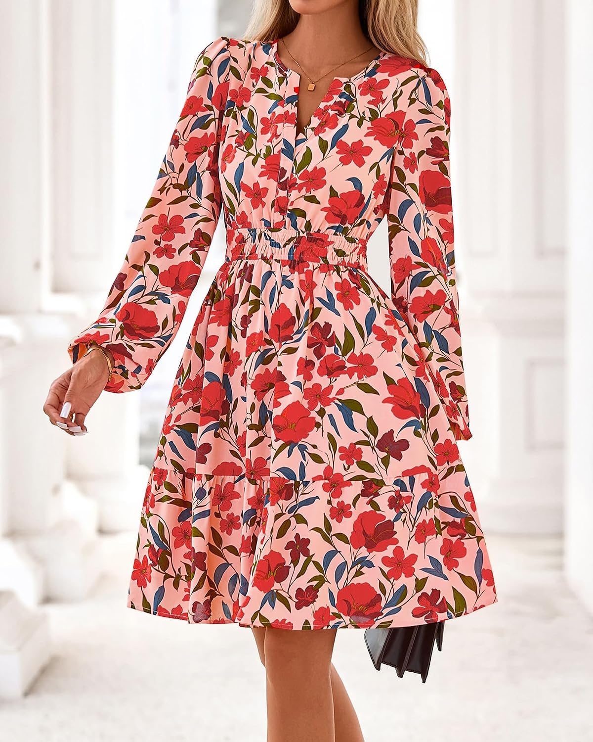 image:imageBTFBM Fall Dresses for Women 2026 Trendy Floral Long Sleeve Mini DressOrange Pink Red Flower