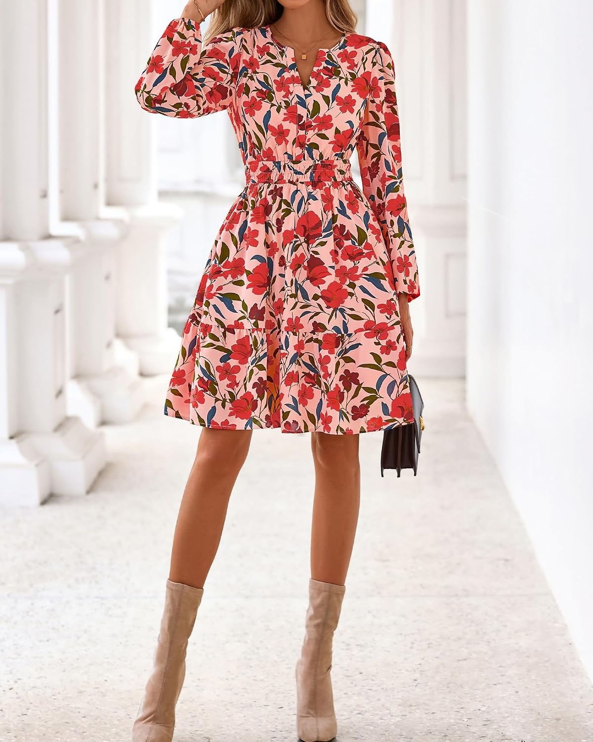 image:imageBTFBM Fall Dresses for Women 2026 Trendy Floral Long Sleeve Mini DressOrange Pink Red Flower