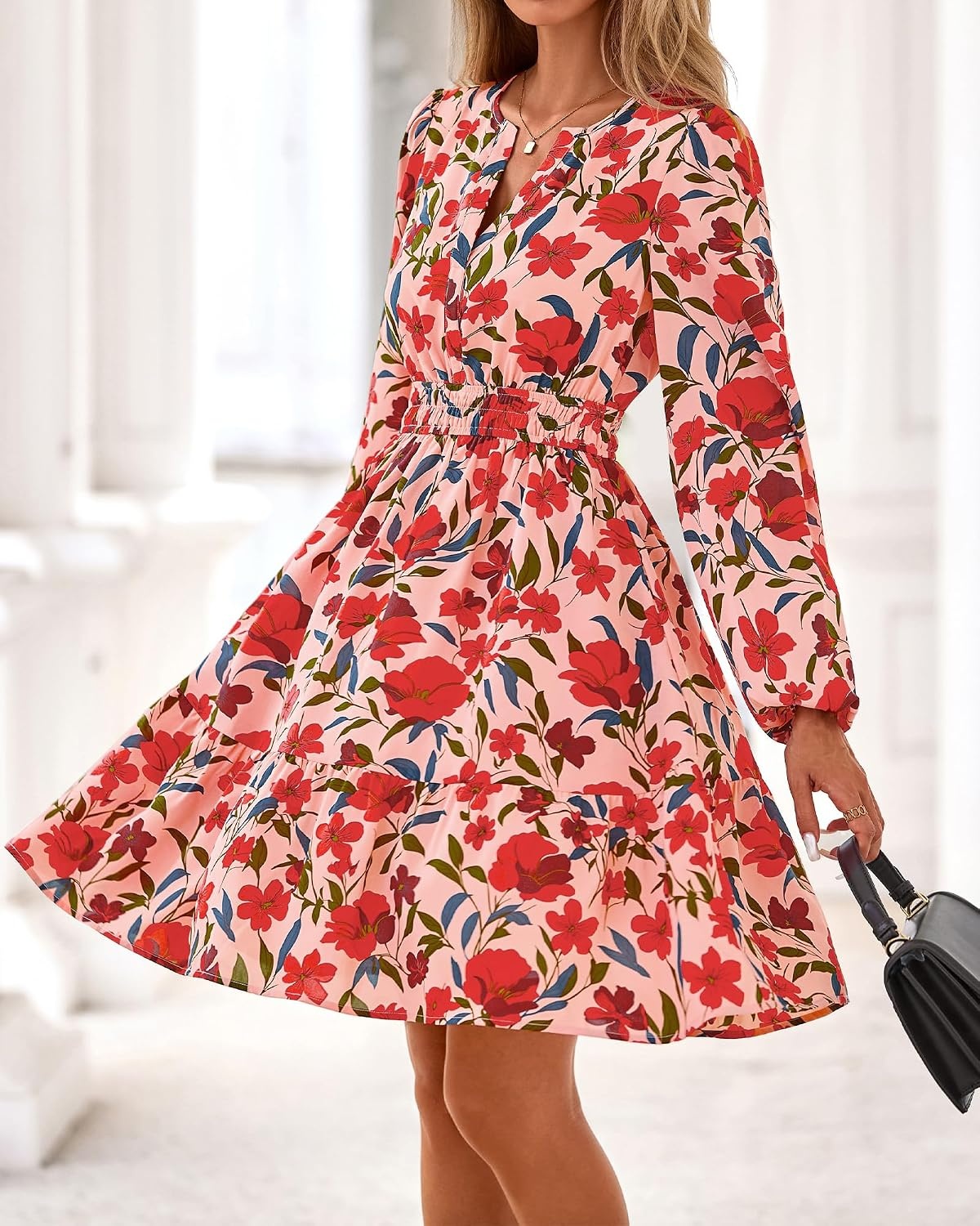 image:imageBTFBM Fall Dresses for Women 2026 Trendy Floral Long Sleeve Mini DressOrange Pink Red Flower