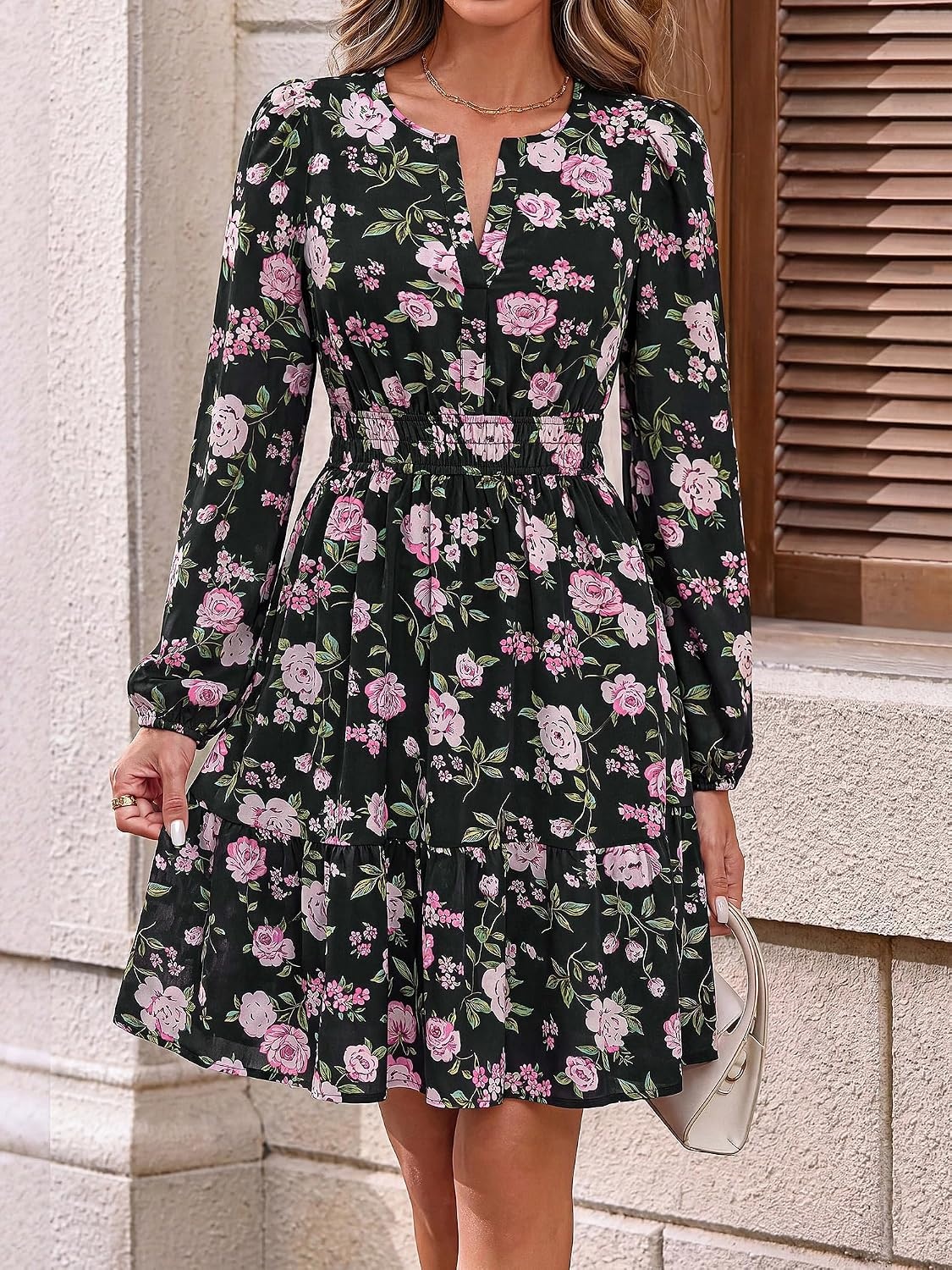 image:imageBTFBM Fall Dresses for Women 2026 Trendy Floral Long Sleeve Mini DressPink Flower