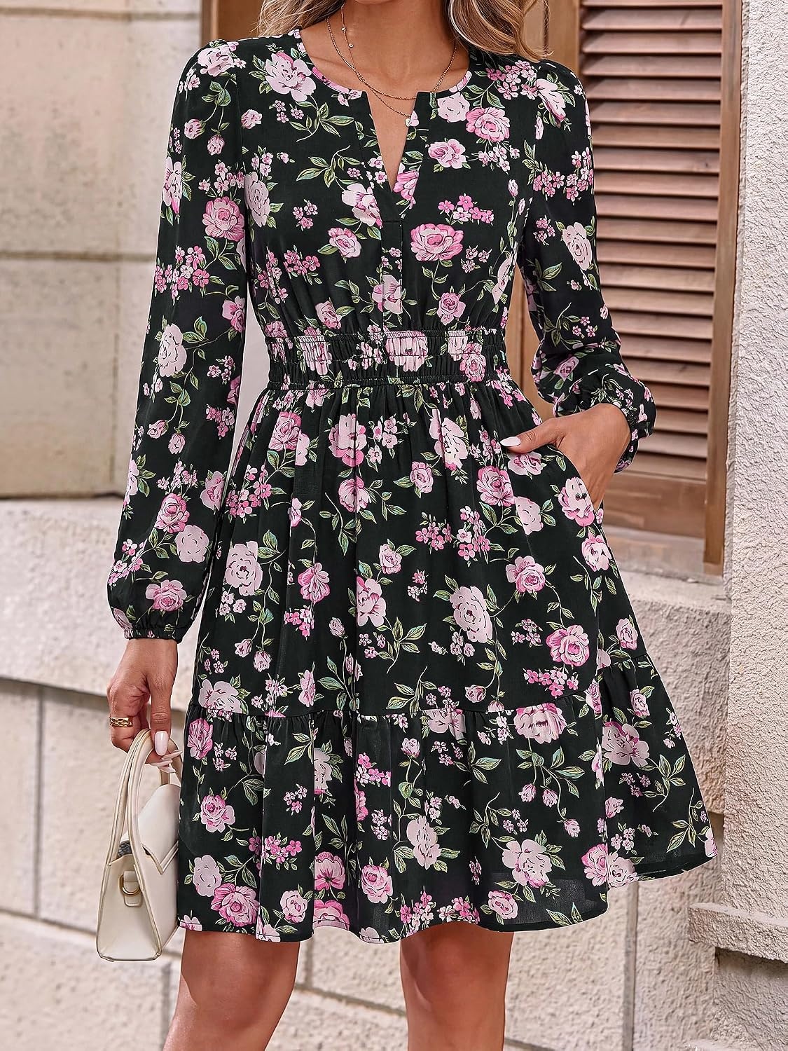 image:imageBTFBM Fall Dresses for Women 2026 Trendy Floral Long Sleeve Mini DressPink Flower