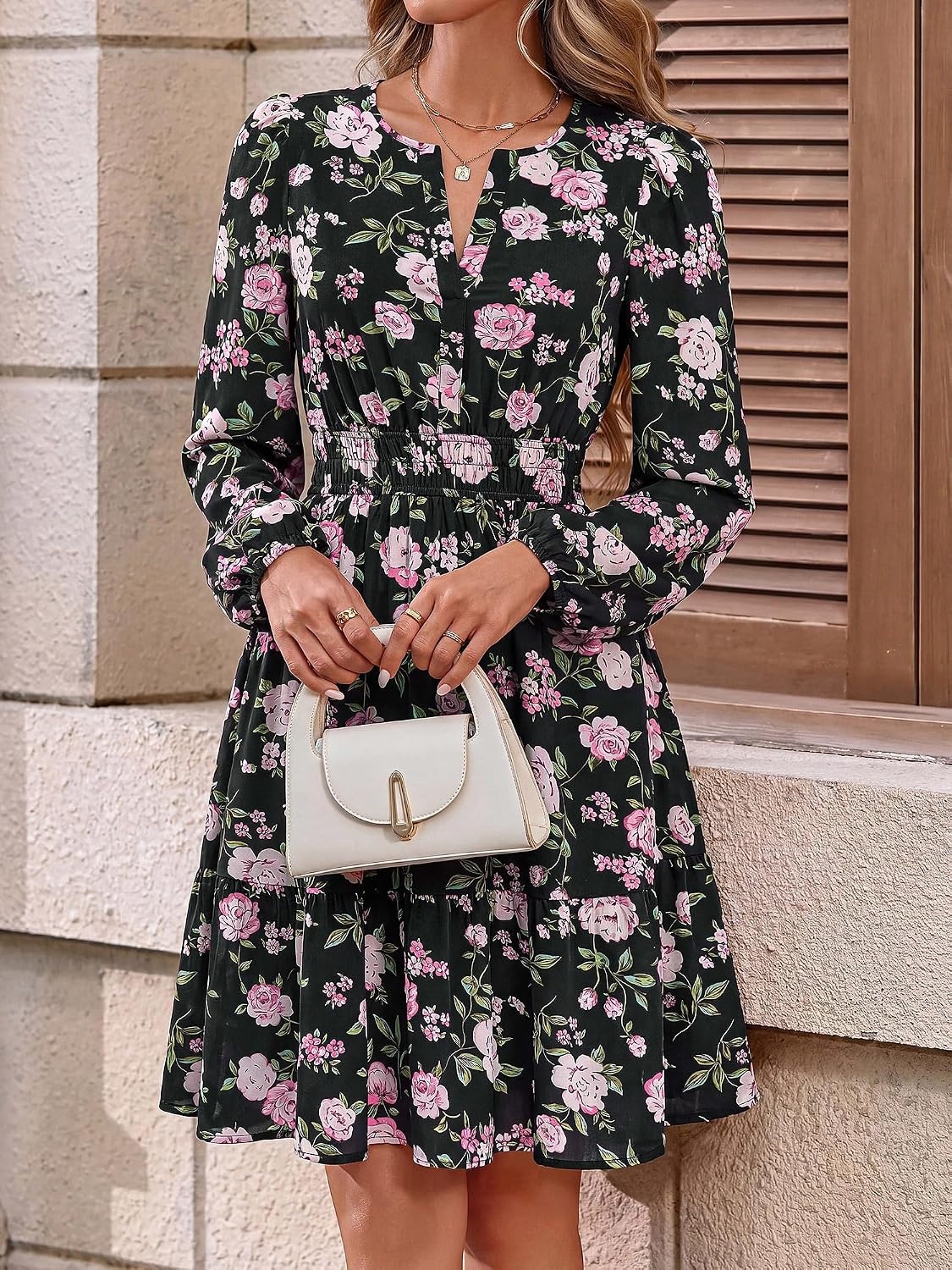 image:imageBTFBM Fall Dresses for Women 2026 Trendy Floral Long Sleeve Mini DressPink Flower