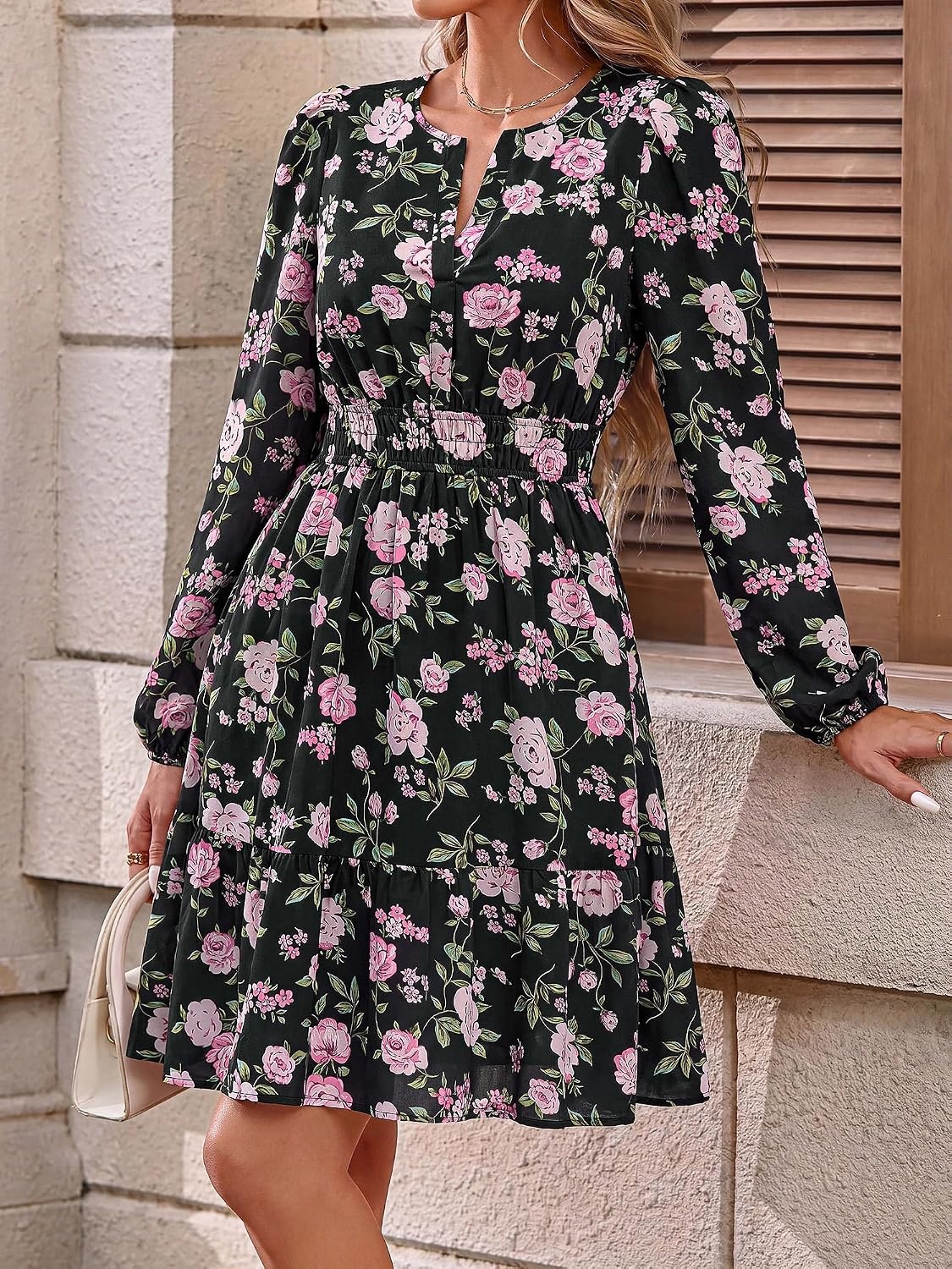 image:imageBTFBM Fall Dresses for Women 2026 Trendy Floral Long Sleeve Mini DressPink Flower