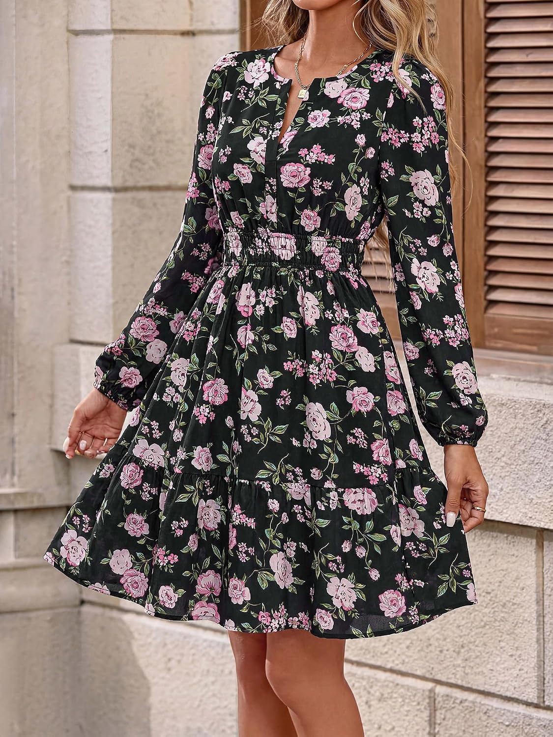 image:imageBTFBM Fall Dresses for Women 2026 Trendy Floral Long Sleeve Mini DressPink Flower