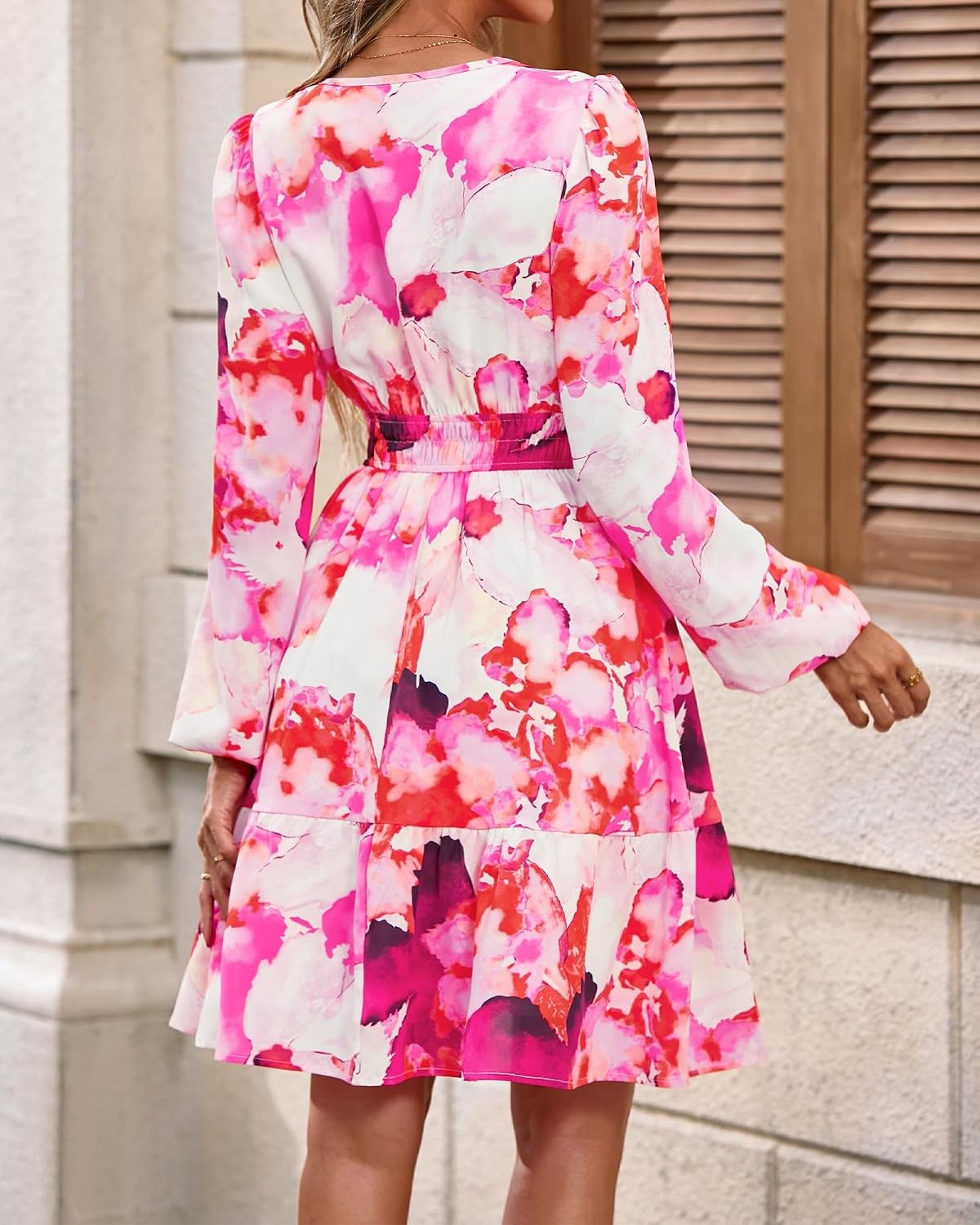 image:imageBTFBM Fall Dresses for Women 2026 Trendy Floral Long Sleeve Mini DressRed