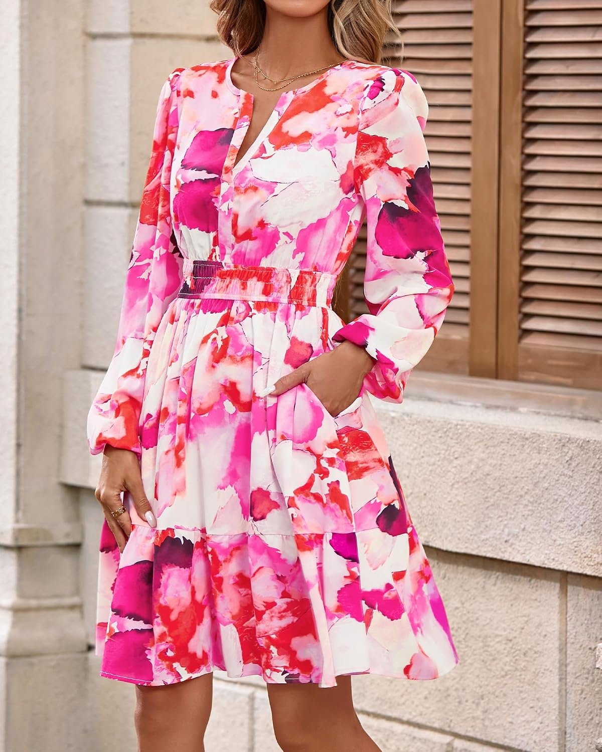 image:imageBTFBM Fall Dresses for Women 2026 Trendy Floral Long Sleeve Mini DressRed
