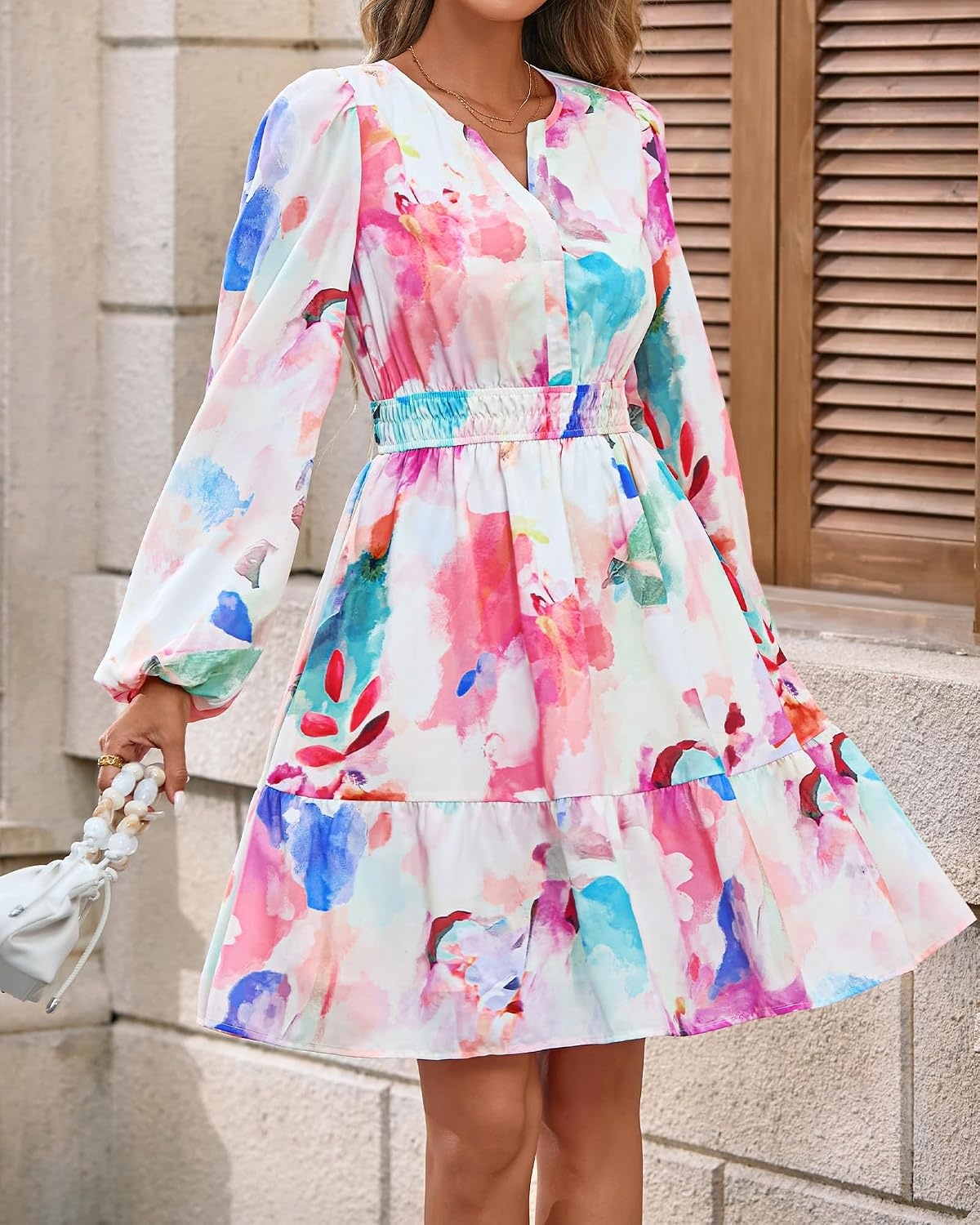 image:imageBTFBM Fall Dresses for Women 2026 Trendy Floral Long Sleeve Mini DressWatercolour Pink