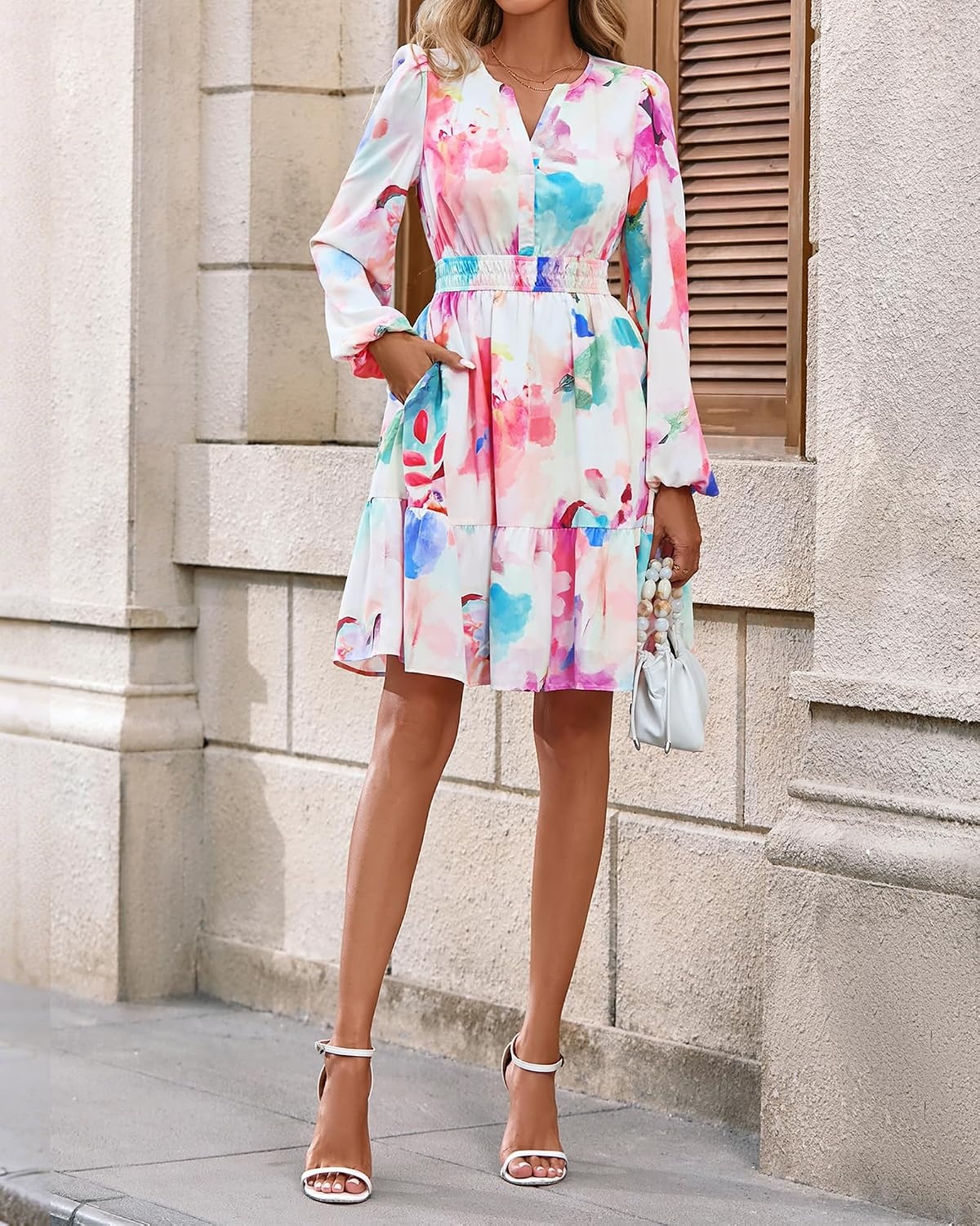 image:imageBTFBM Fall Dresses for Women 2026 Trendy Floral Long Sleeve Mini DressWatercolour Pink