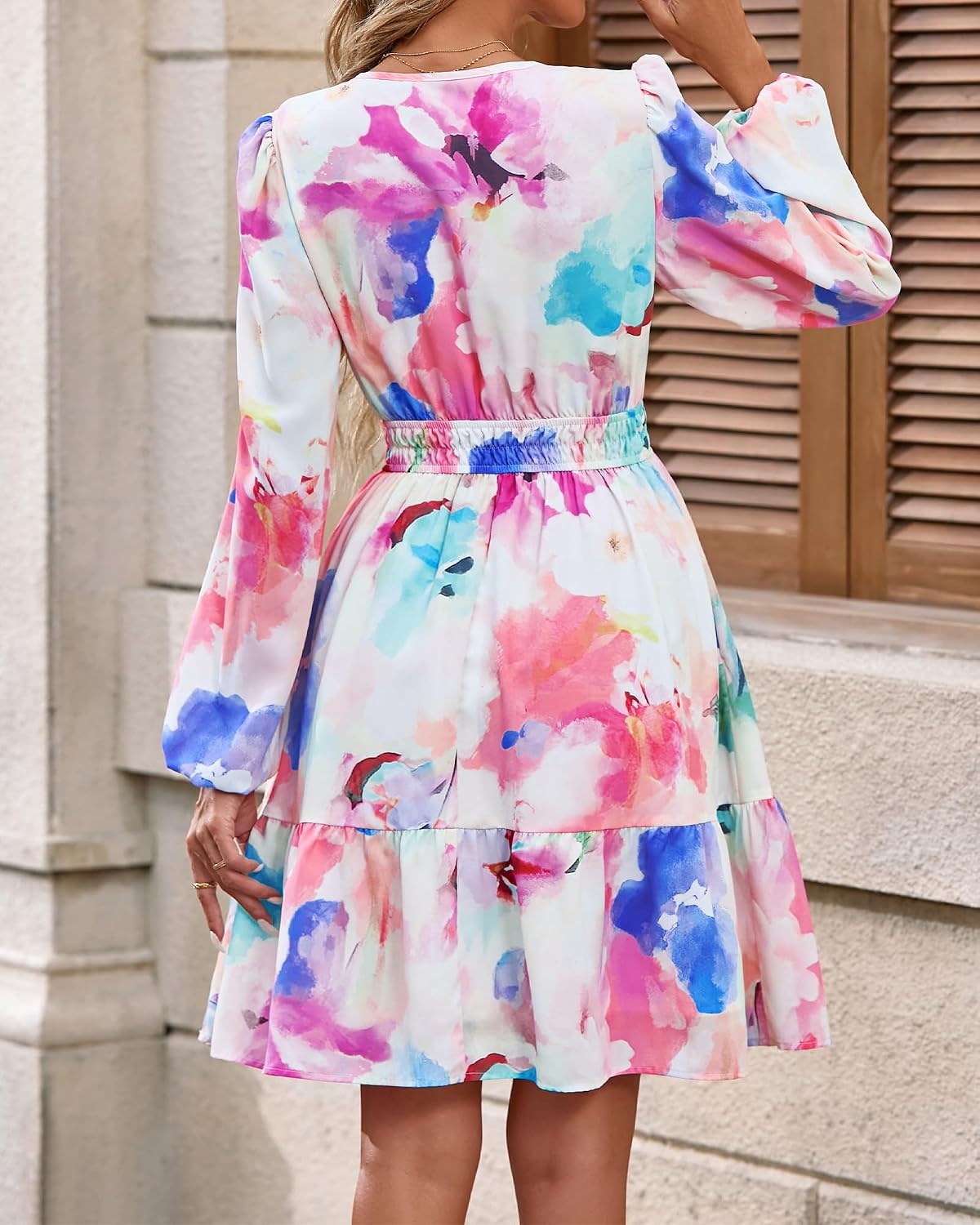 image:imageBTFBM Fall Dresses for Women 2026 Trendy Floral Long Sleeve Mini DressWatercolour Pink