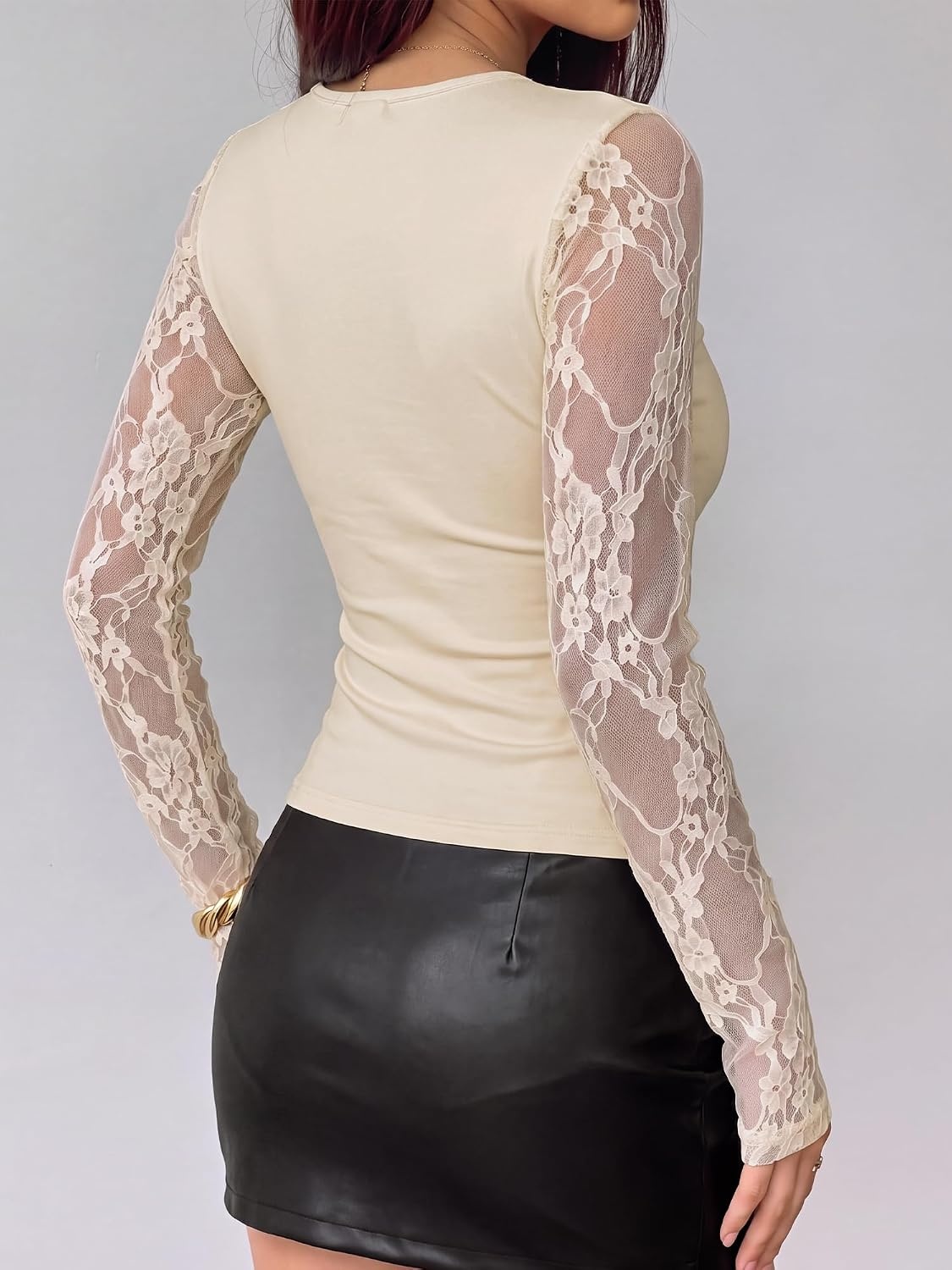 image:imageBTFBM Lace Long Sleeve Tops for Women Fall Clothes 2026 Sexy Sheer BlousesApricot