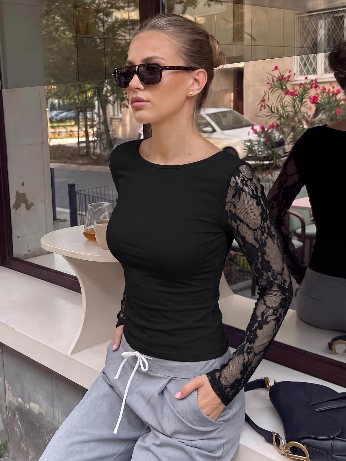 image:imageBTFBM Lace Long Sleeve Tops for Women Fall Clothes 2026 Sexy Sheer BlousesBlack