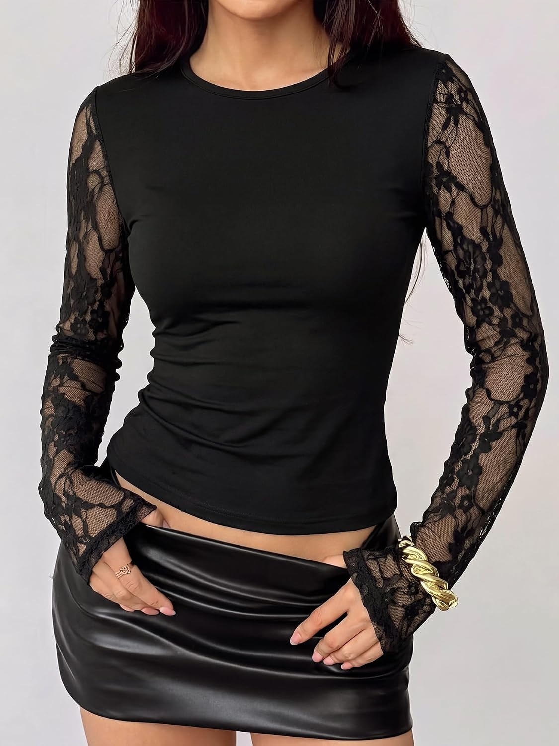 image:imageBTFBM Lace Long Sleeve Tops for Women Fall Clothes 2026 Sexy Sheer BlousesBlack
