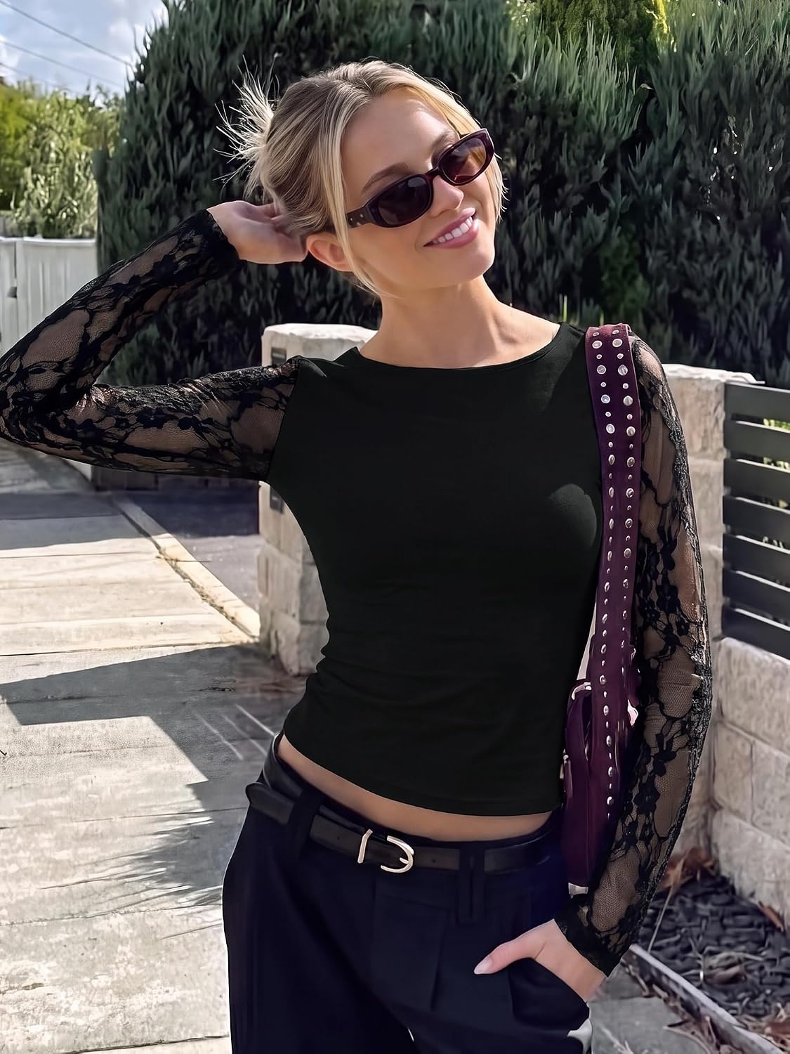 image:imageBTFBM Lace Long Sleeve Tops for Women Fall Clothes 2026 Sexy Sheer BlousesBlack