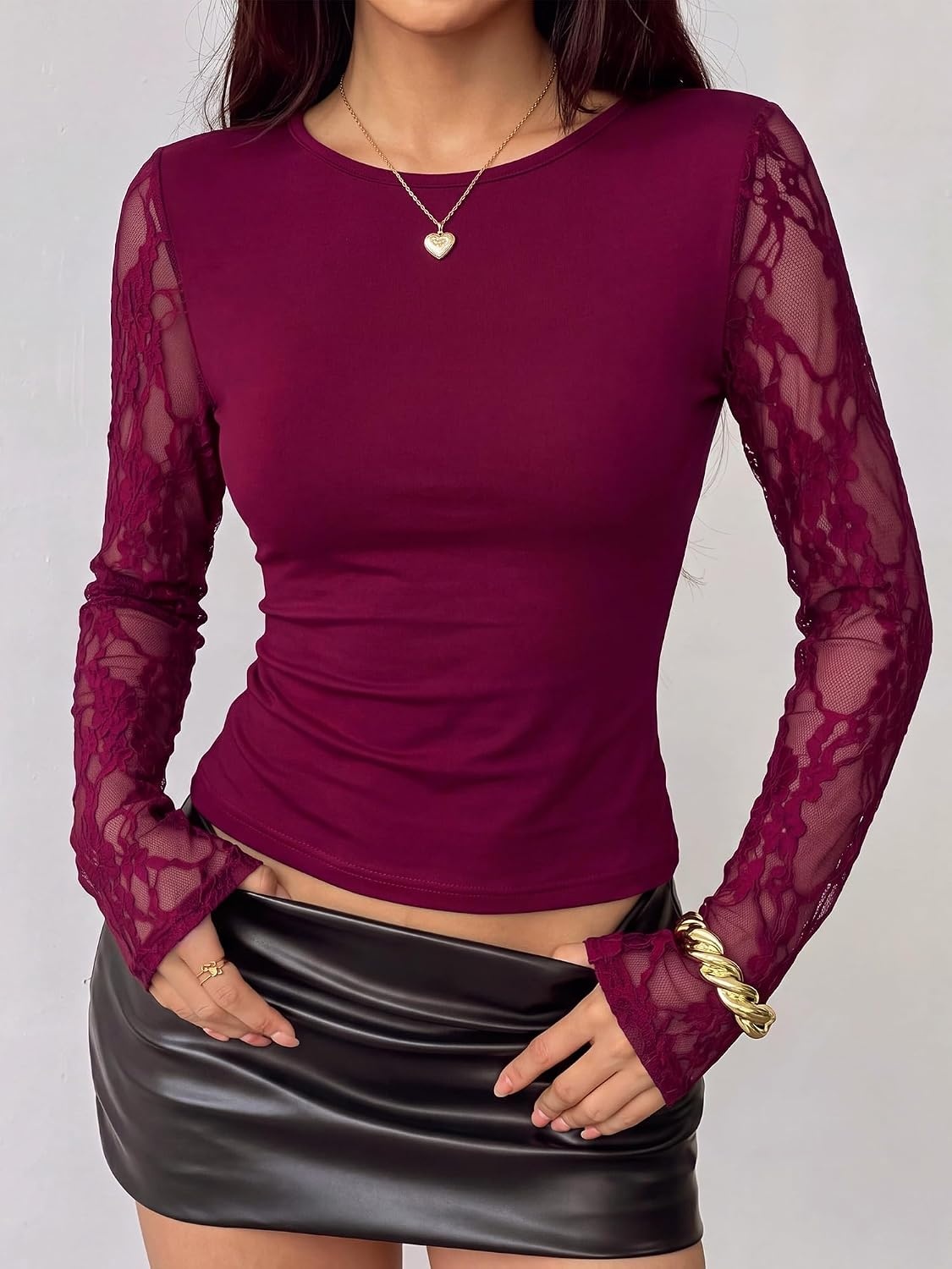 image:imageBTFBM Lace Long Sleeve Tops for Women Fall Clothes 2026 Sexy Sheer BlousesBurgundy