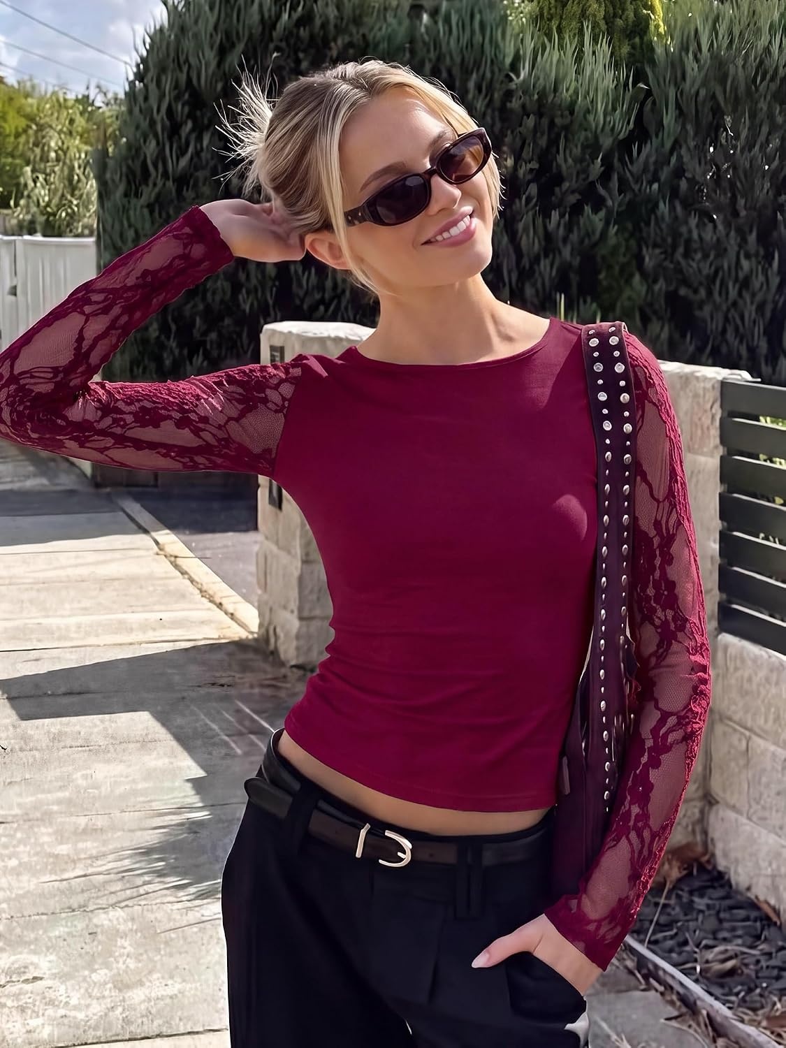 image:imageBTFBM Lace Long Sleeve Tops for Women Fall Clothes 2026 Sexy Sheer BlousesBurgundy