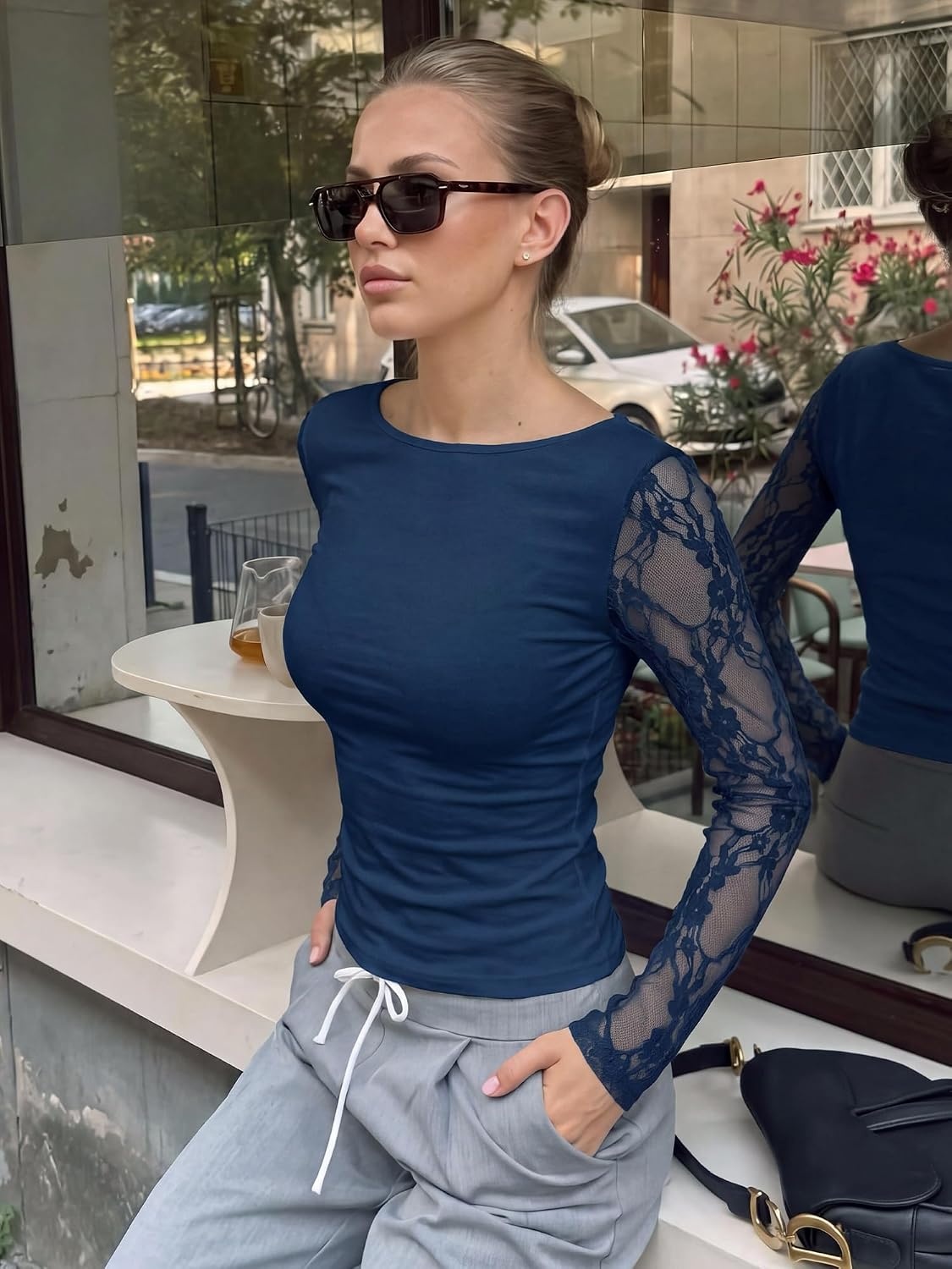 image:imageBTFBM Lace Long Sleeve Tops for Women Fall Clothes 2026 Sexy Sheer BlousesNavy Blue