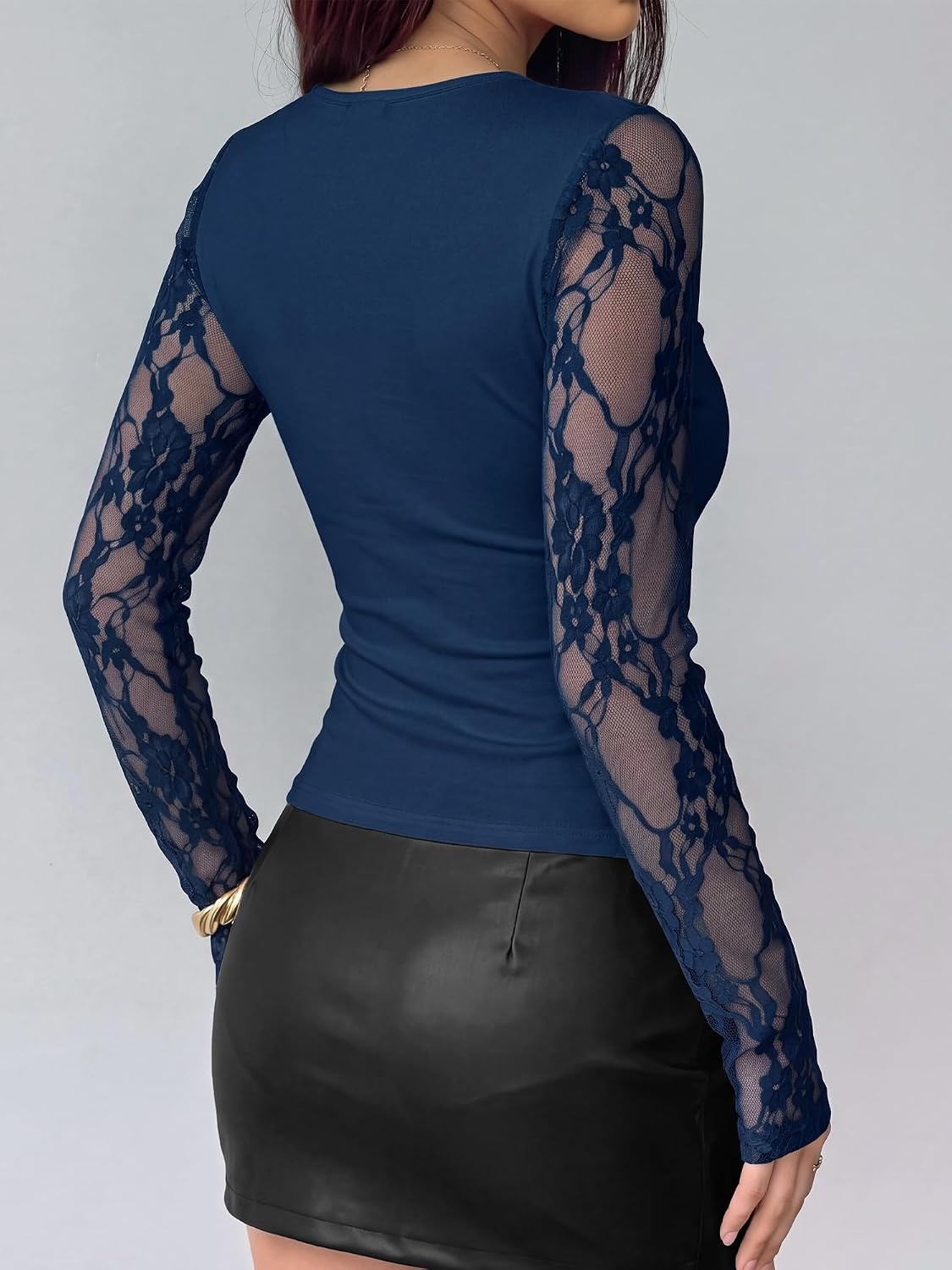 image:imageBTFBM Lace Long Sleeve Tops for Women Fall Clothes 2026 Sexy Sheer BlousesNavy Blue