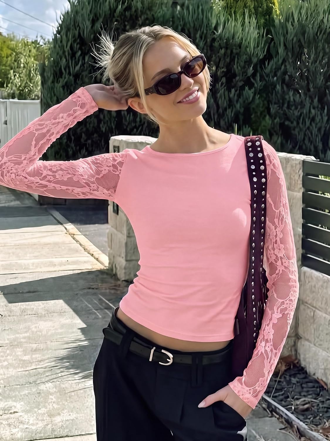 image:imageBTFBM Lace Long Sleeve Tops for Women Fall Clothes 2026 Sexy Sheer BlousesPink