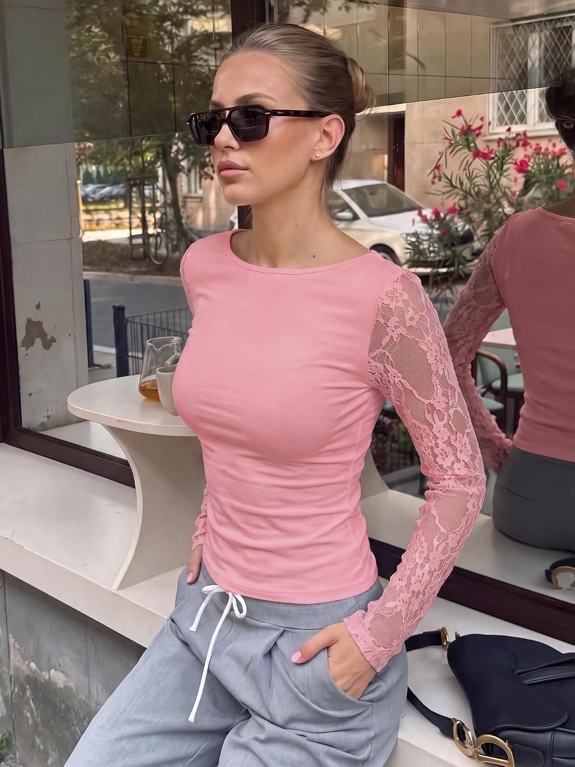 image:imageBTFBM Lace Long Sleeve Tops for Women Fall Clothes 2026 Sexy Sheer BlousesPink