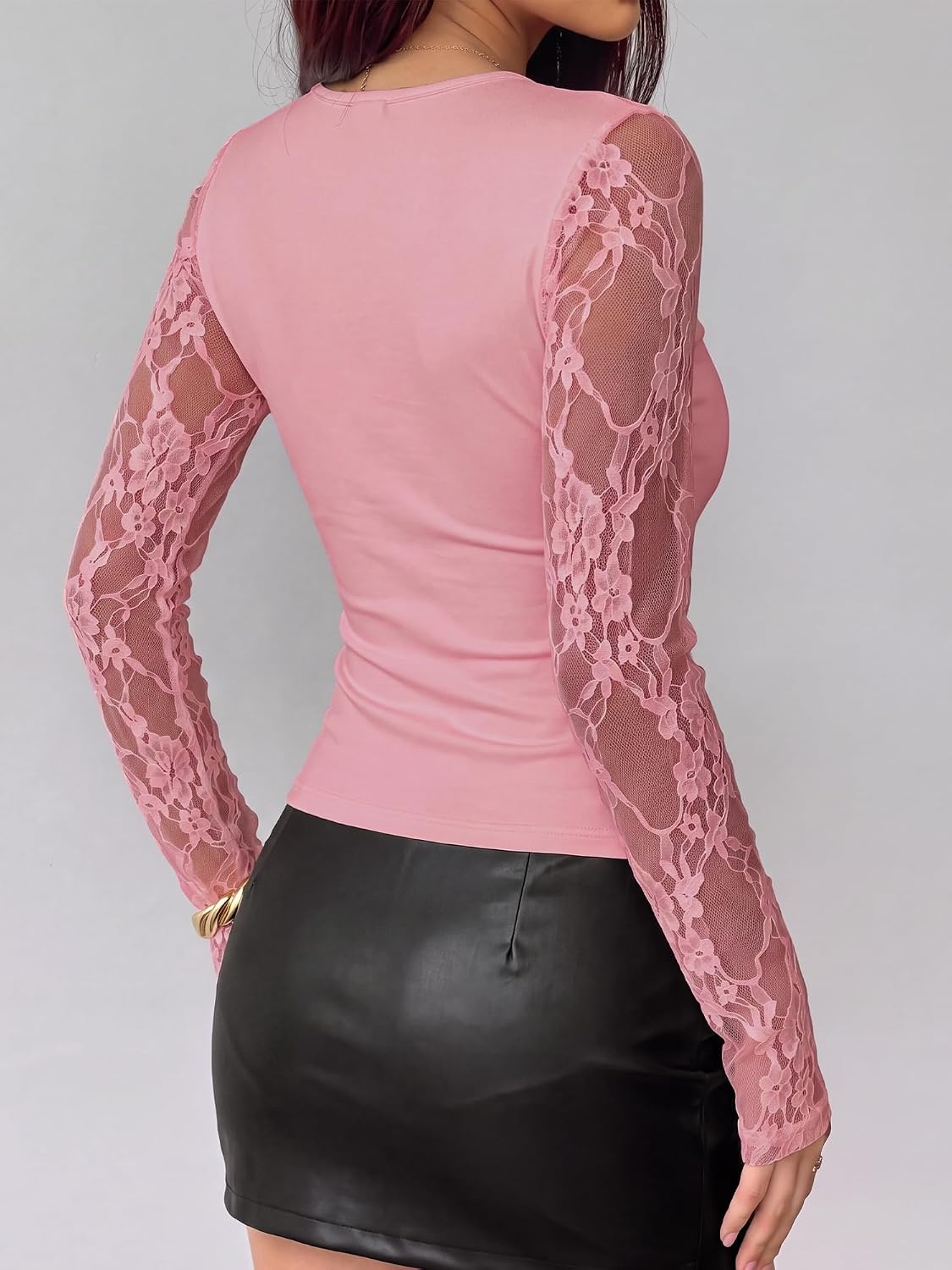 image:imageBTFBM Lace Long Sleeve Tops for Women Fall Clothes 2026 Sexy Sheer BlousesPink