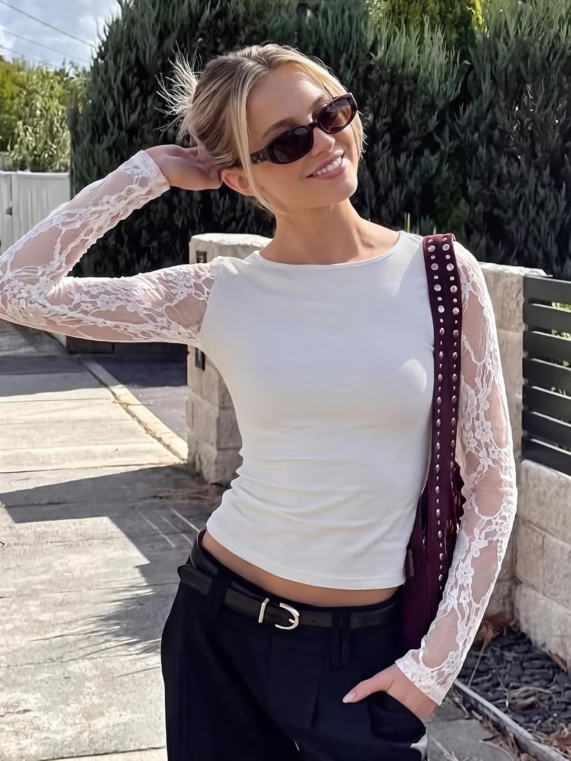 image:imageBTFBM Lace Long Sleeve Tops for Women Fall Clothes 2026 Sexy Sheer BlousesWhite