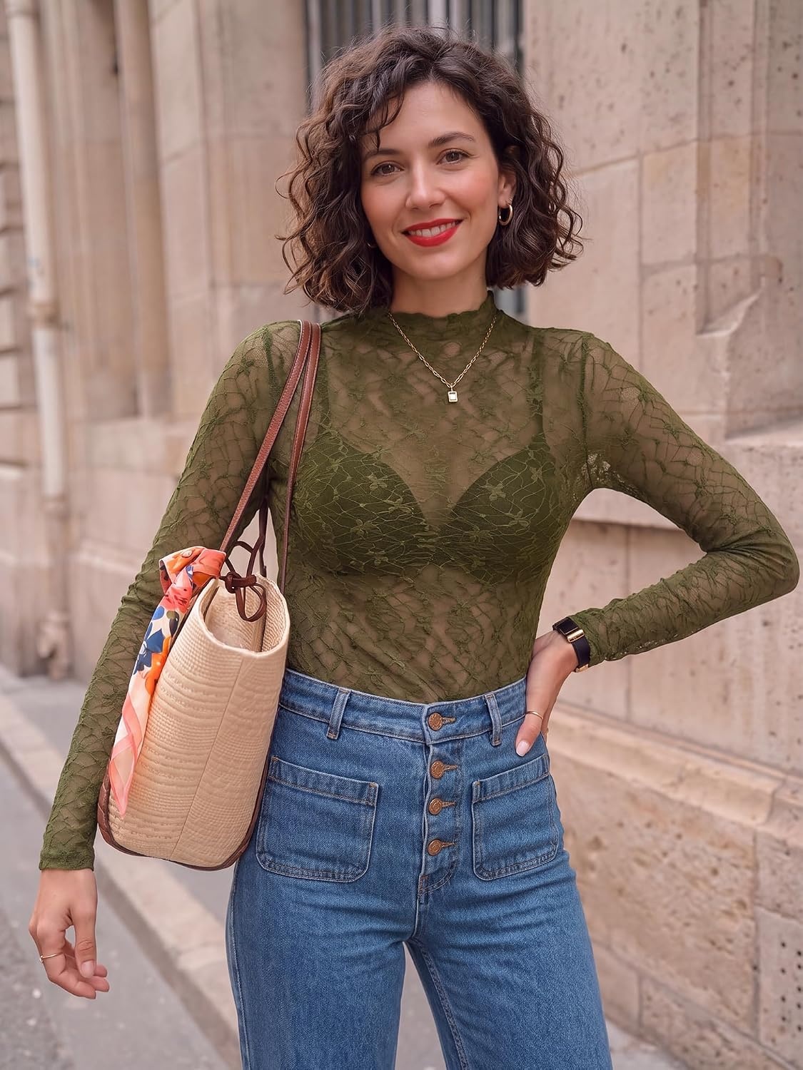 image:imageBTFBM Mesh Lace Long Sleeve Tops for Women 2026 Fall Shirts Sexy Sheer TopsArmy Green