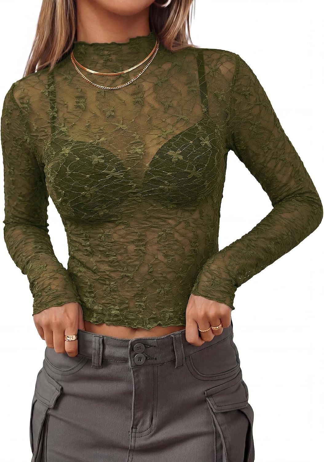 image:imageBTFBM Mesh Lace Long Sleeve Tops for Women 2026 Fall Shirts Sexy Sheer TopsArmy Green
