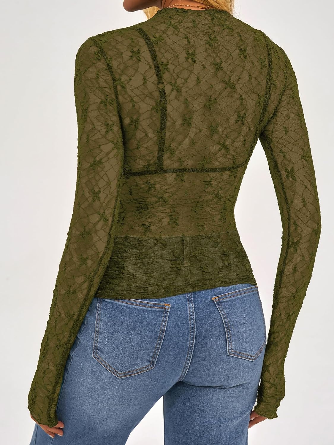 image:imageBTFBM Mesh Lace Long Sleeve Tops for Women 2026 Fall Shirts Sexy Sheer TopsArmy Green
