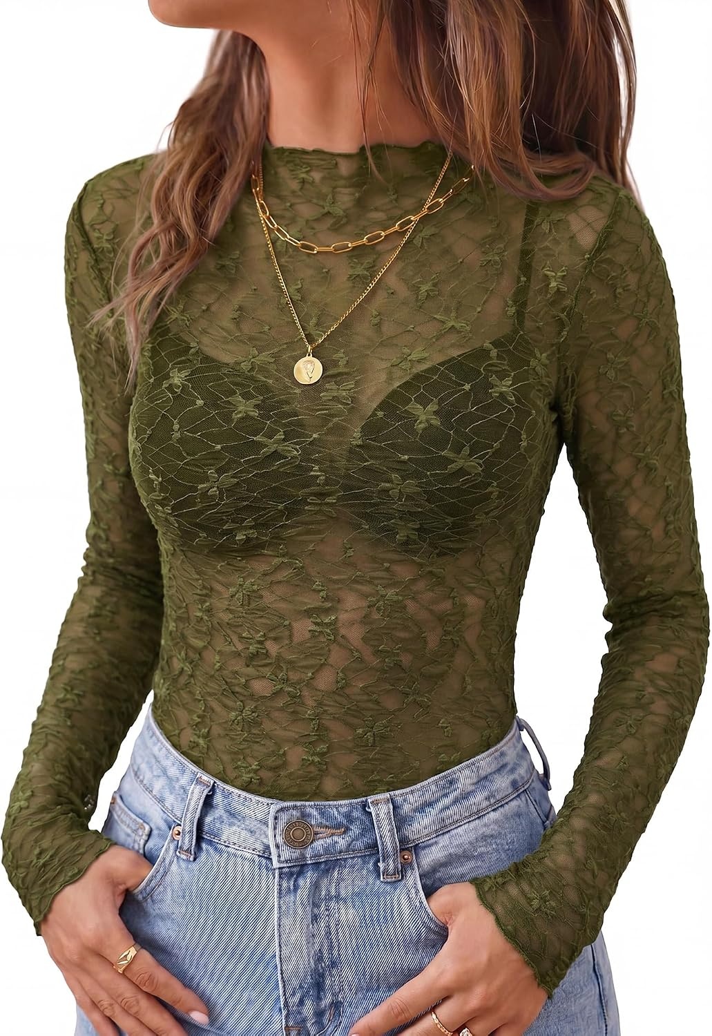image:imageBTFBM Mesh Lace Long Sleeve Tops for Women 2026 Fall Shirts Sexy Sheer TopsArmy Green