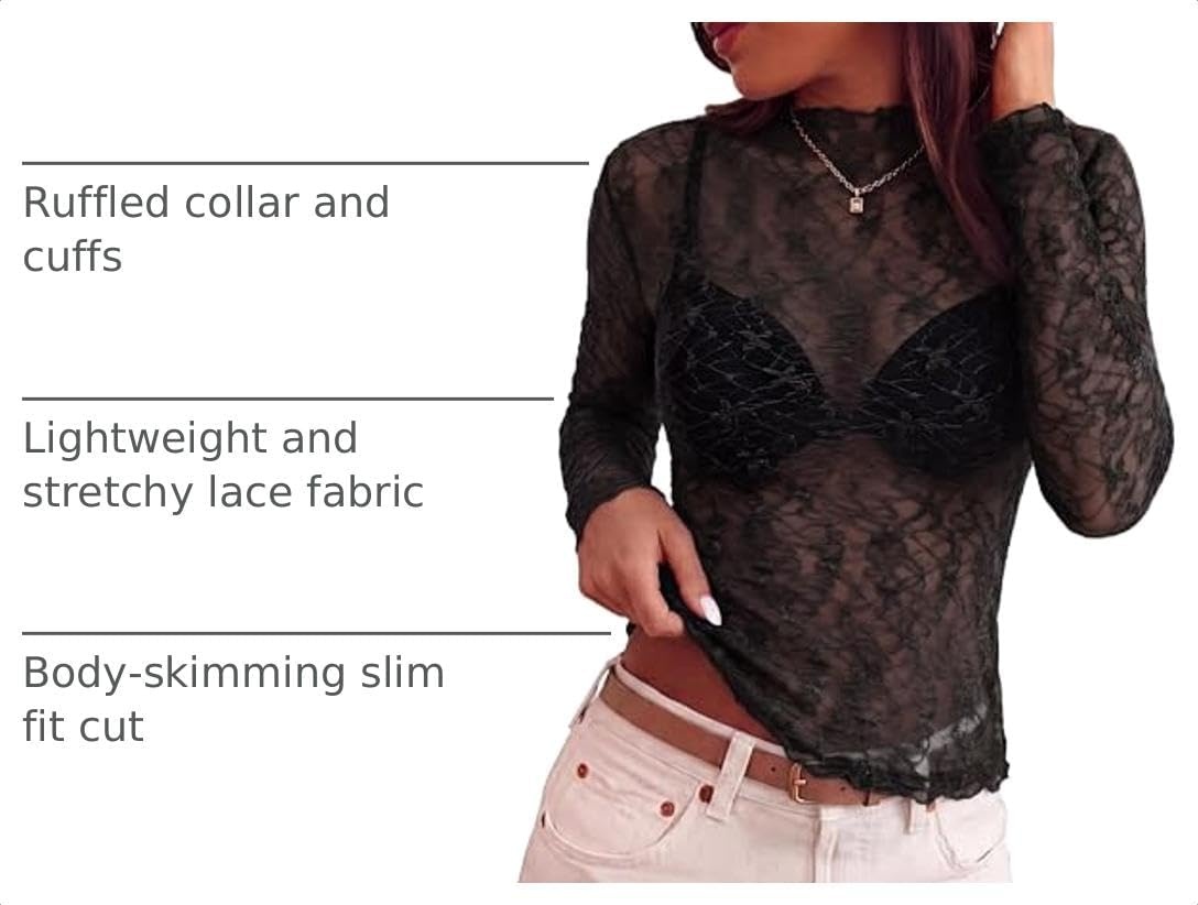 image:imageBTFBM Mesh Lace Long Sleeve Tops for Women 2026 Fall Shirts Sexy Sheer TopsBlack