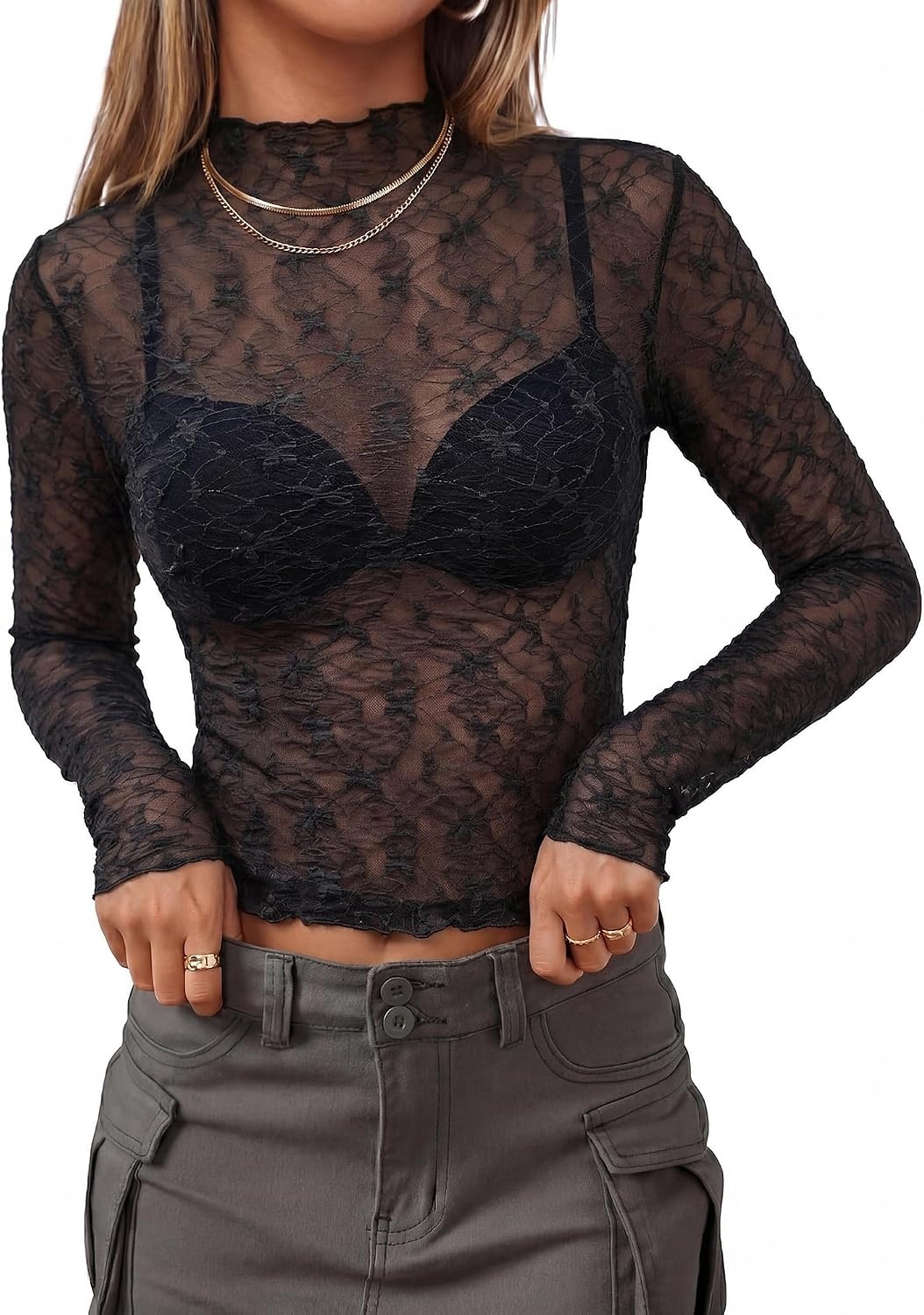 image:imageBTFBM Mesh Lace Long Sleeve Tops for Women 2026 Fall Shirts Sexy Sheer TopsBlack