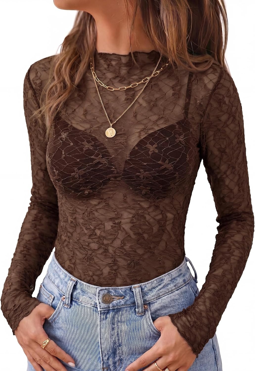 image:imageBTFBM Mesh Lace Long Sleeve Tops for Women 2026 Fall Shirts Sexy Sheer TopsBrown