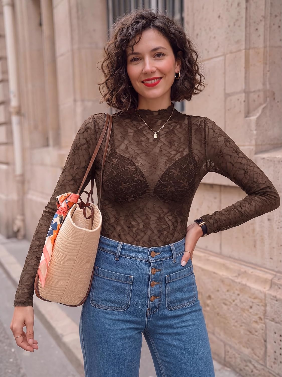 image:imageBTFBM Mesh Lace Long Sleeve Tops for Women 2026 Fall Shirts Sexy Sheer TopsBrown