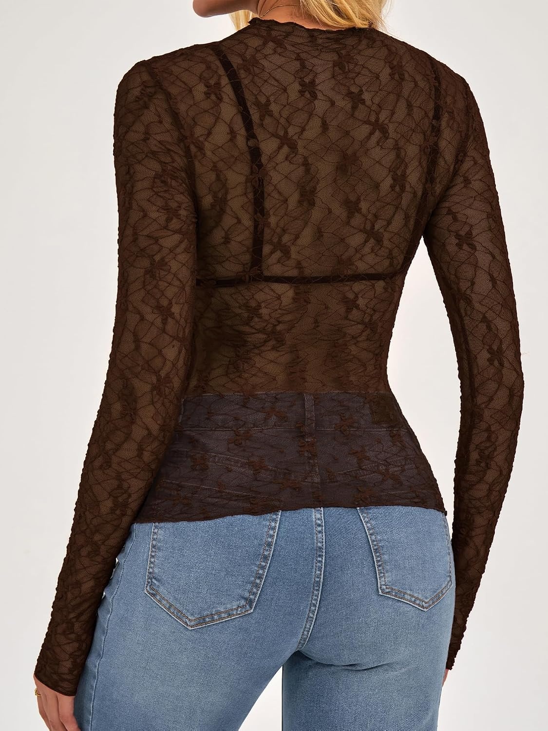 image:imageBTFBM Mesh Lace Long Sleeve Tops for Women 2026 Fall Shirts Sexy Sheer TopsBrown