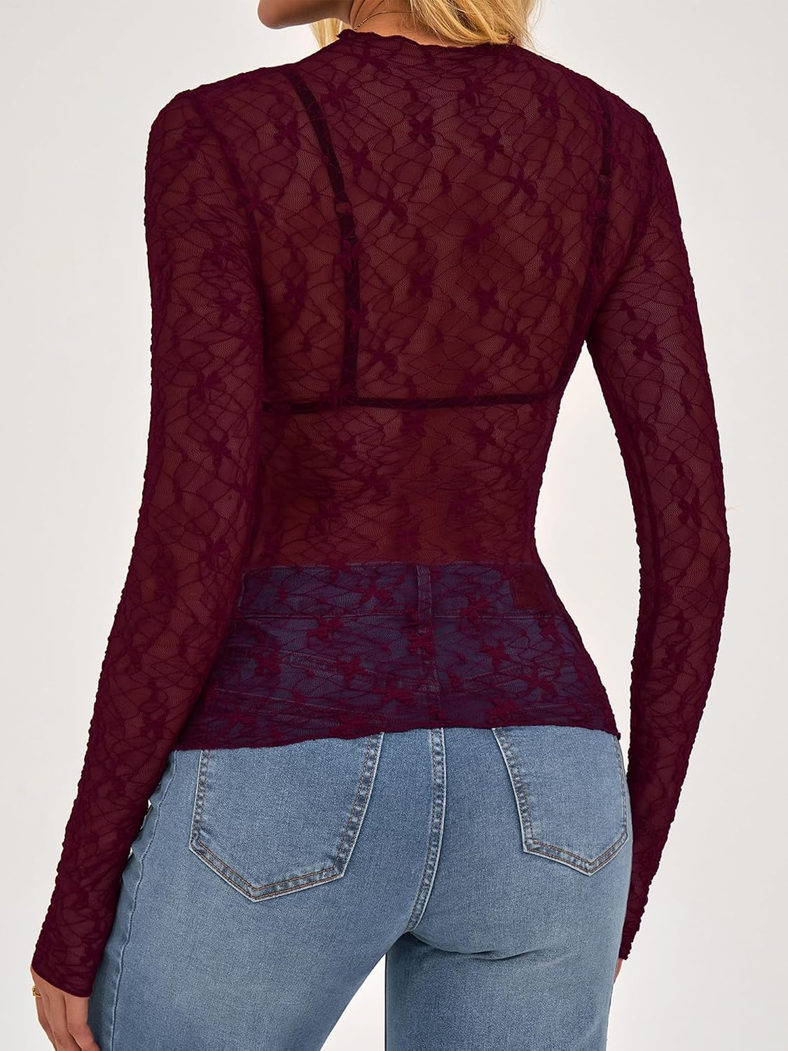 image:imageBTFBM Mesh Lace Long Sleeve Tops for Women 2026 Fall Shirts Sexy Sheer TopsBurgundy