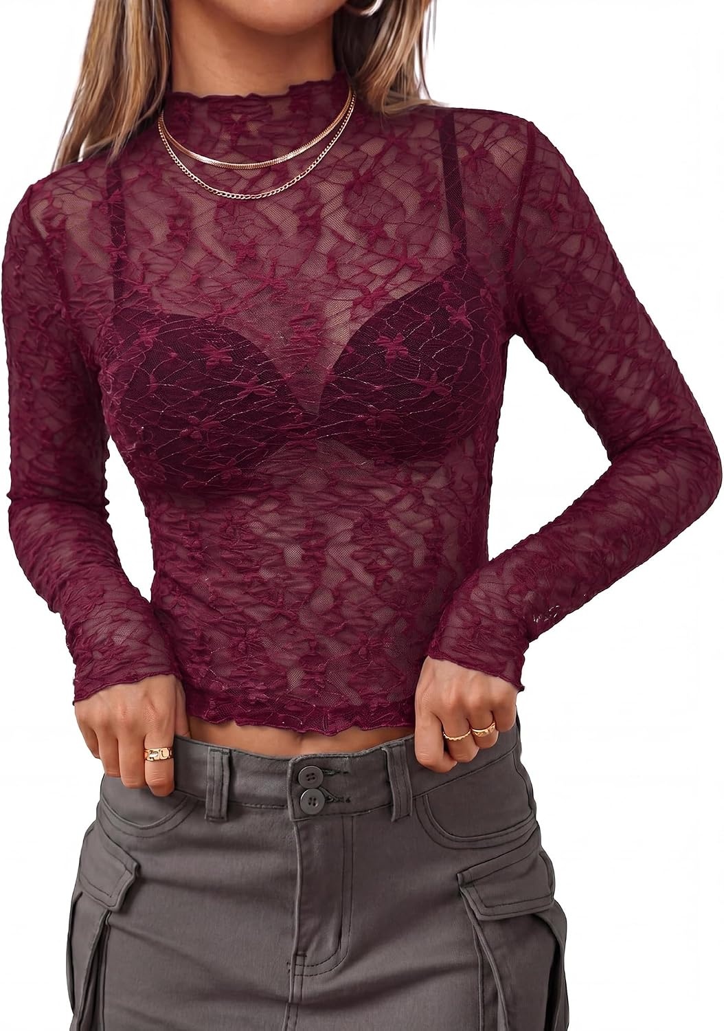 image:imageBTFBM Mesh Lace Long Sleeve Tops for Women 2026 Fall Shirts Sexy Sheer TopsBurgundy