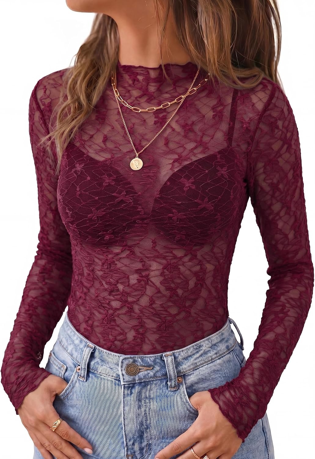 image:imageBTFBM Mesh Lace Long Sleeve Tops for Women 2026 Fall Shirts Sexy Sheer TopsBurgundy