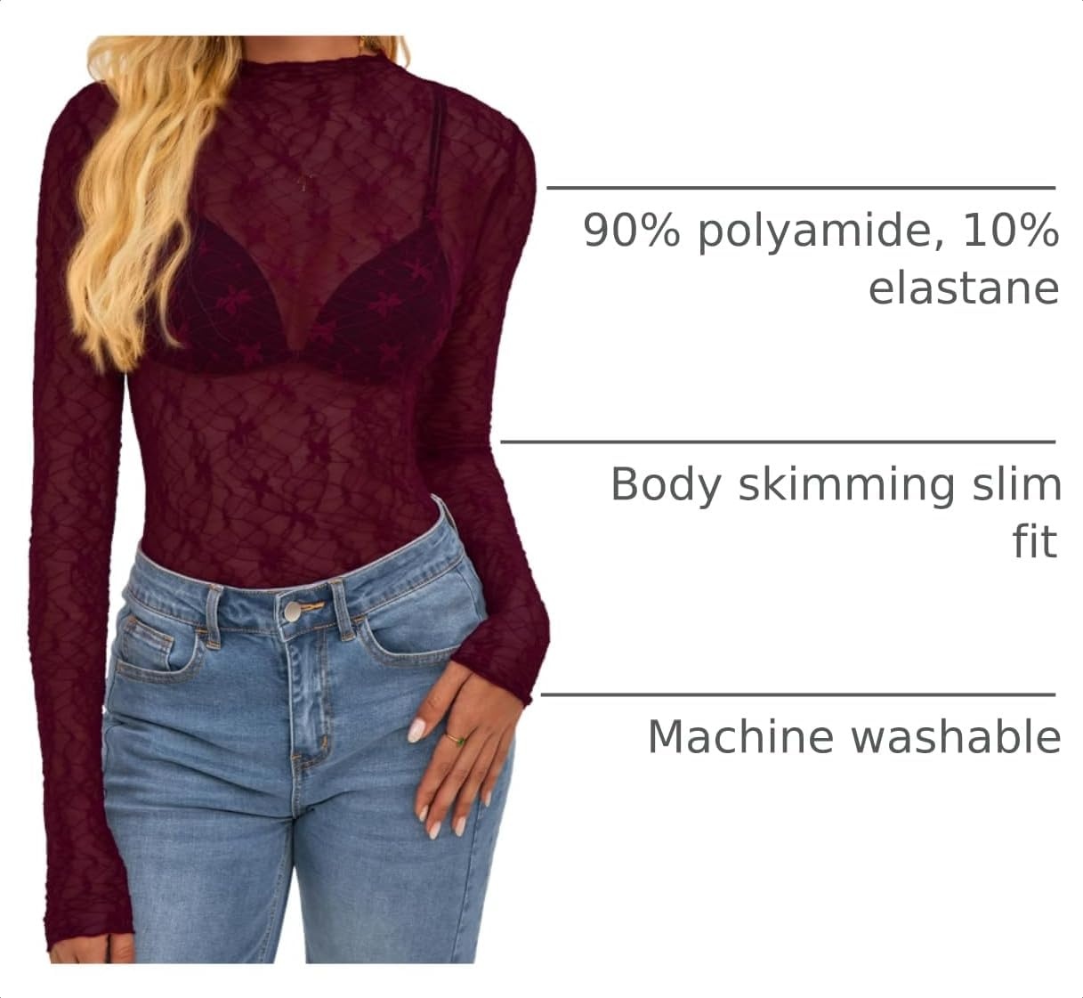 image:imageBTFBM Mesh Lace Long Sleeve Tops for Women 2026 Fall Shirts Sexy Sheer TopsBurgundy