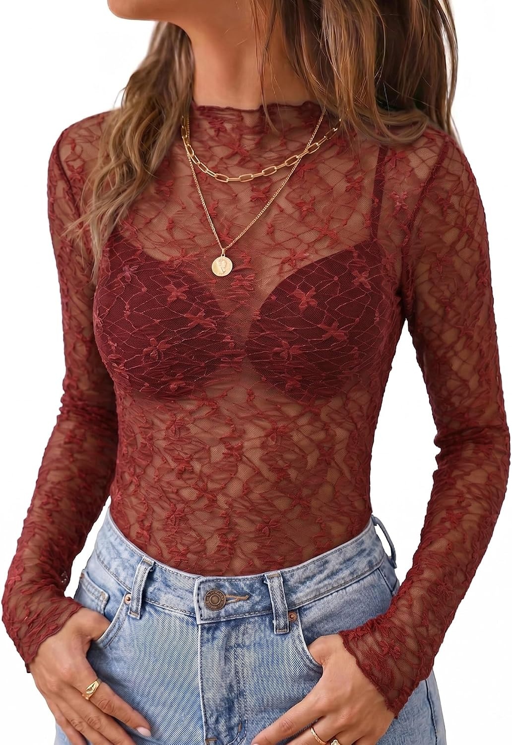 image:imageBTFBM Mesh Lace Long Sleeve Tops for Women 2026 Fall Shirts Sexy Sheer TopsBurnt Orange