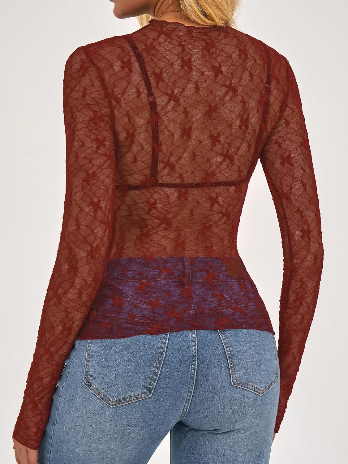 image:imageBTFBM Mesh Lace Long Sleeve Tops for Women 2026 Fall Shirts Sexy Sheer TopsBurnt Orange