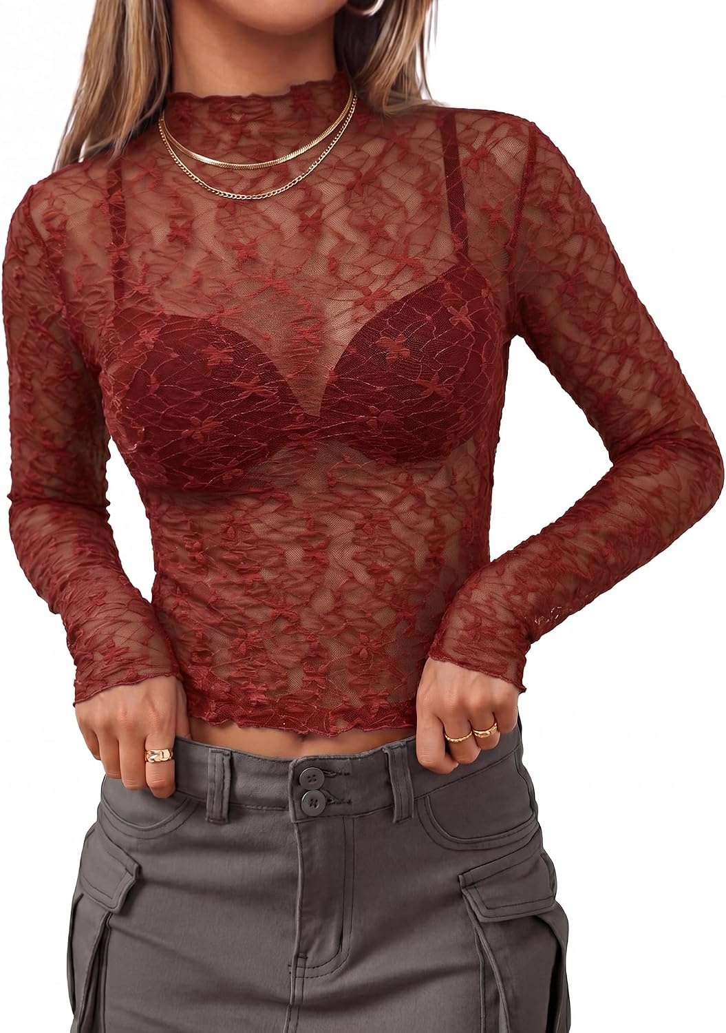image:imageBTFBM Mesh Lace Long Sleeve Tops for Women 2026 Fall Shirts Sexy Sheer TopsBurnt Orange