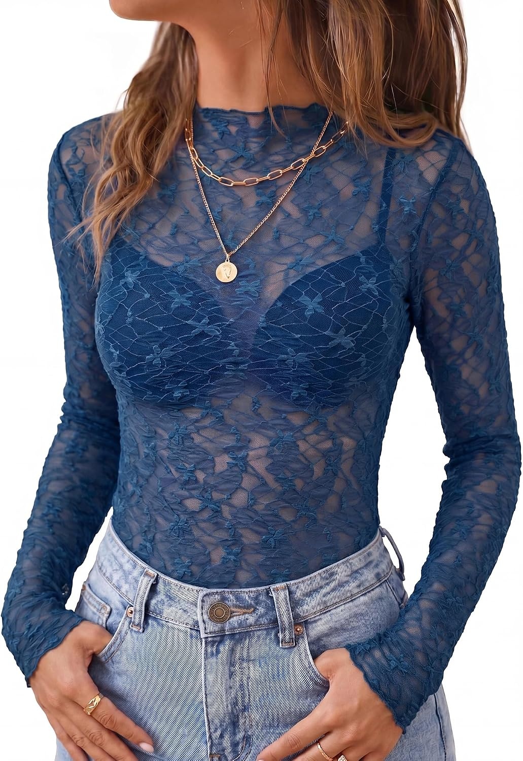 image:imageBTFBM Mesh Lace Long Sleeve Tops for Women 2026 Fall Shirts Sexy Sheer TopsDark Blue