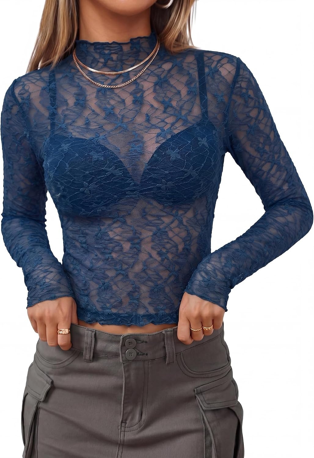 image:imageBTFBM Mesh Lace Long Sleeve Tops for Women 2026 Fall Shirts Sexy Sheer TopsDark Blue