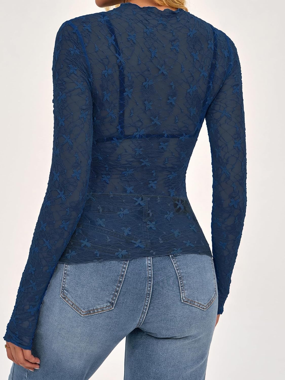 image:imageBTFBM Mesh Lace Long Sleeve Tops for Women 2026 Fall Shirts Sexy Sheer TopsDark Blue