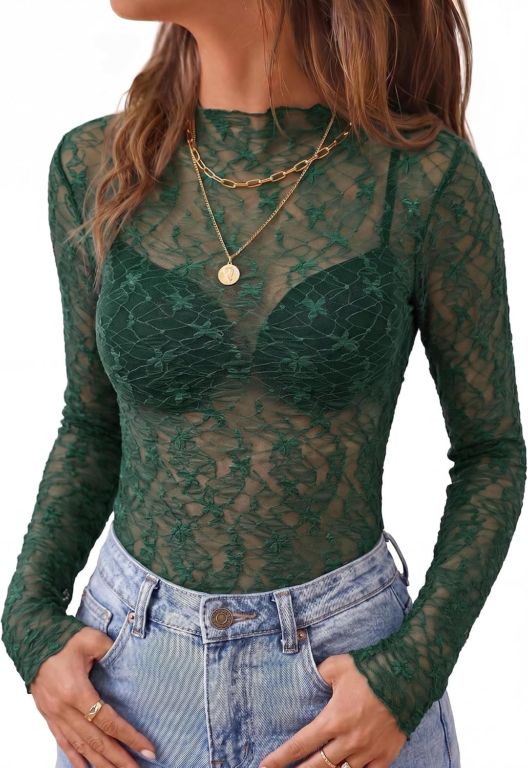 image:imageBTFBM Mesh Lace Long Sleeve Tops for Women 2026 Fall Shirts Sexy Sheer TopsDark Green