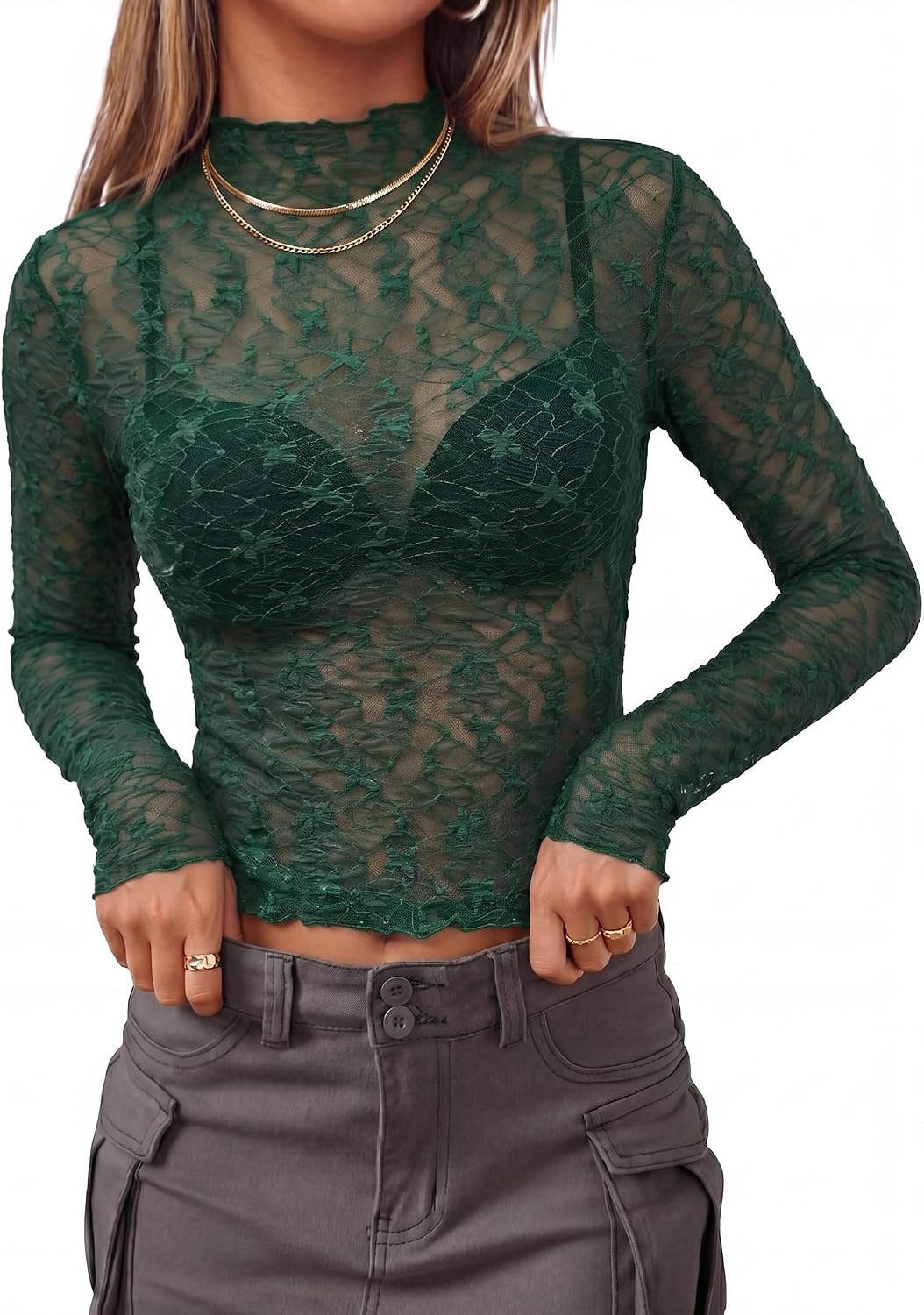 image:imageBTFBM Mesh Lace Long Sleeve Tops for Women 2026 Fall Shirts Sexy Sheer TopsDark Green