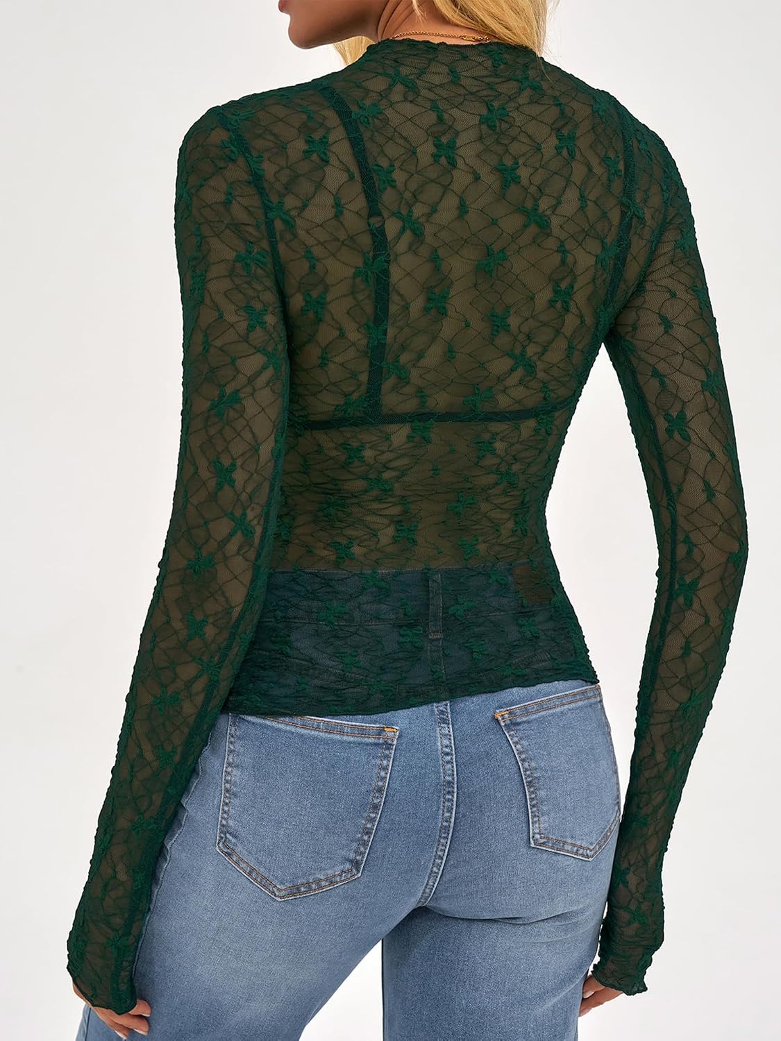 image:imageBTFBM Mesh Lace Long Sleeve Tops for Women 2026 Fall Shirts Sexy Sheer TopsDark Green